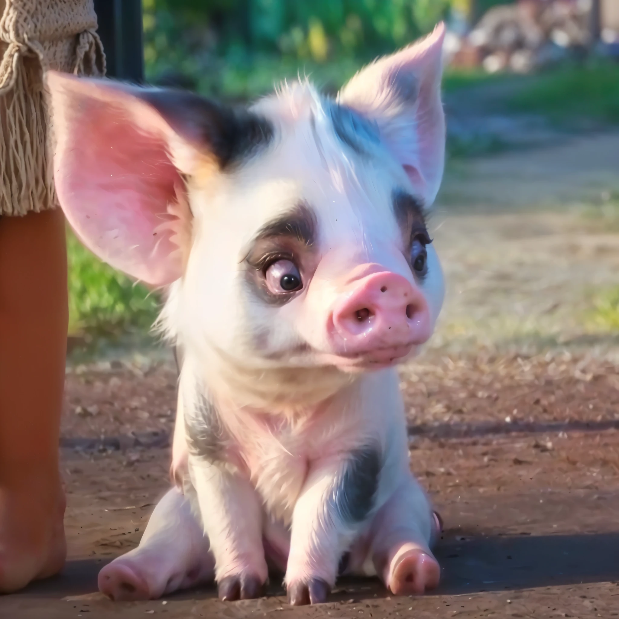 a close up of a pig sitting on the ground next to a person, piglet, (masutepiece:1.3), (8K, Photorealistic, Raw photo, Best Quality:1.4), Sharp Focus:1.2