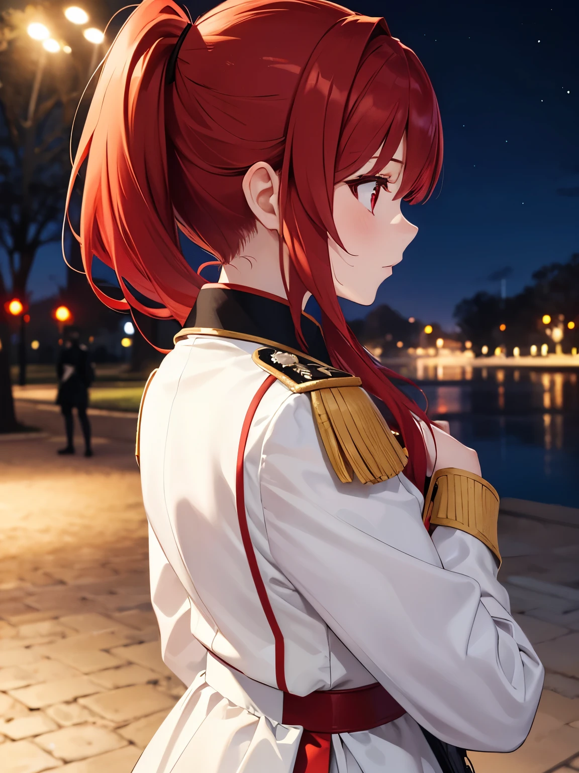 1girl,red hair,Facing right, camera angle from the side, photo from the side, looking away,,ponytail,white army uniform, standing in the park, night, red eyes, Ultra detail, Ultra HD, masterpiece 