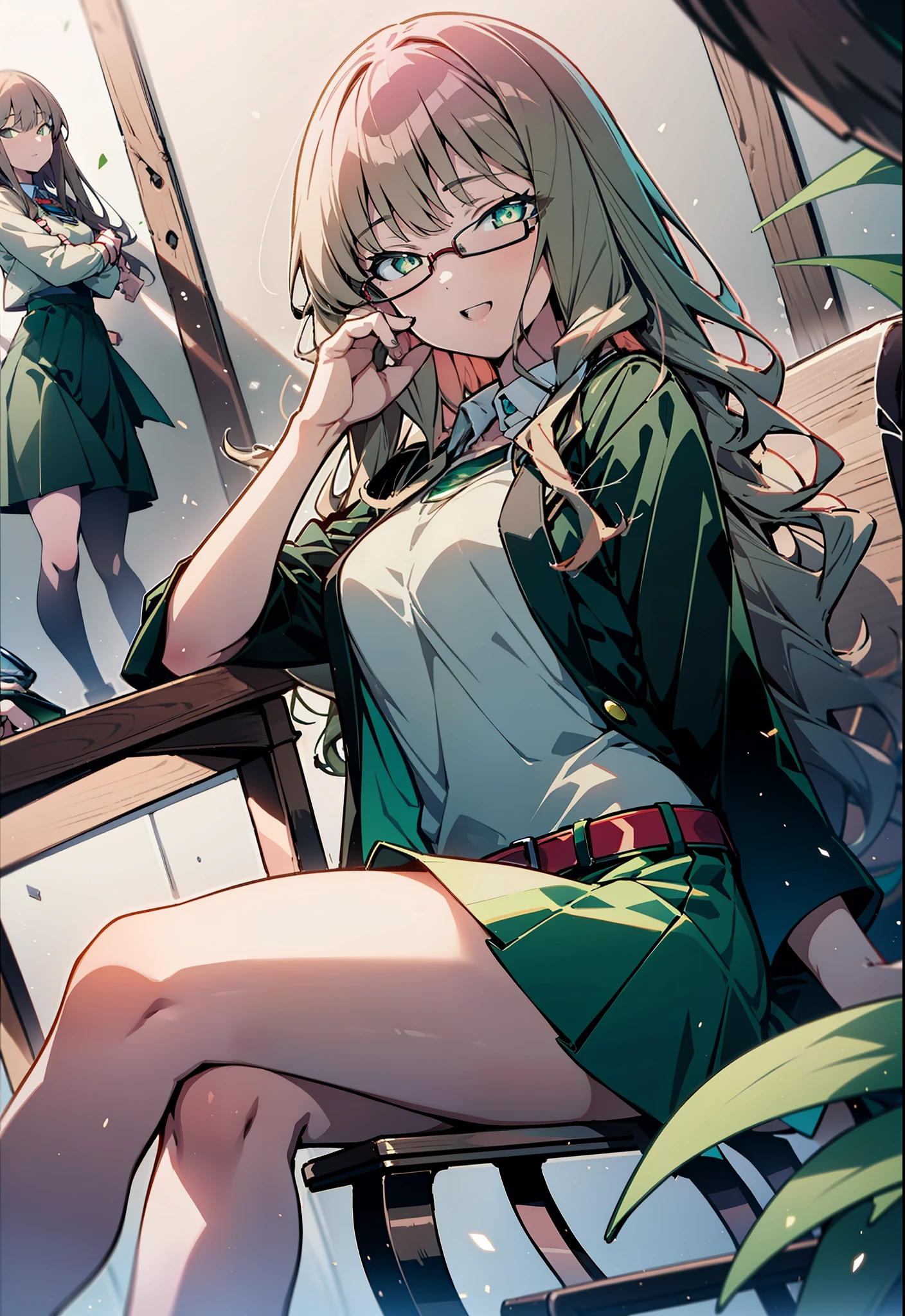 minami yume ,sss Dynazenon ,Long Hair, Brown Hair, (Green Eyes:1.5) ,Center of chest,hair band,happy smile, smile, Open your mouth, Black-rimmed glasses, Black dress,Short sleeve,Black long skirt,Stiletto heels,sitting cross-legged on a chair,Daytime,Clear skies,whole bodyがイラストに入るように,There is a computer on the table,
break looking at viewer, whole body(Cowboy Shot:1. 5)
break indoors, office,
break (masterpiece:1.2), highest quality, High resolution, unity 8k wallpaper, (shape:0.8), (Beautiful and beautiful eyes:1.6), Highly detailed face, Perfect lighting, Highly detailed CG, (Perfect hands, Perfect Anatomy),