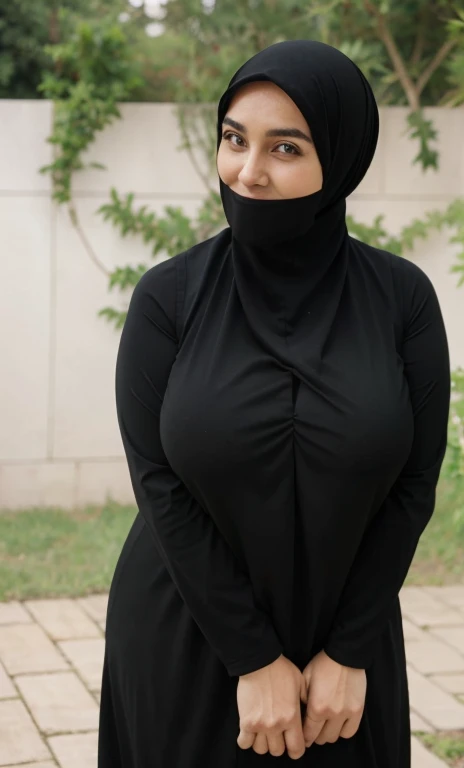 standing, solo, 1girl, female, hijab, green eyes, short girl, long hijab, full hijab, fat girl, fat body, beautiful face, cute face, sideboob, large breasth legs, areola slip, ge, leaning fhuge breasts, curvy, fat, arms doking at viewer, blush, parted lips, light smile, long black hair, black colour hair,