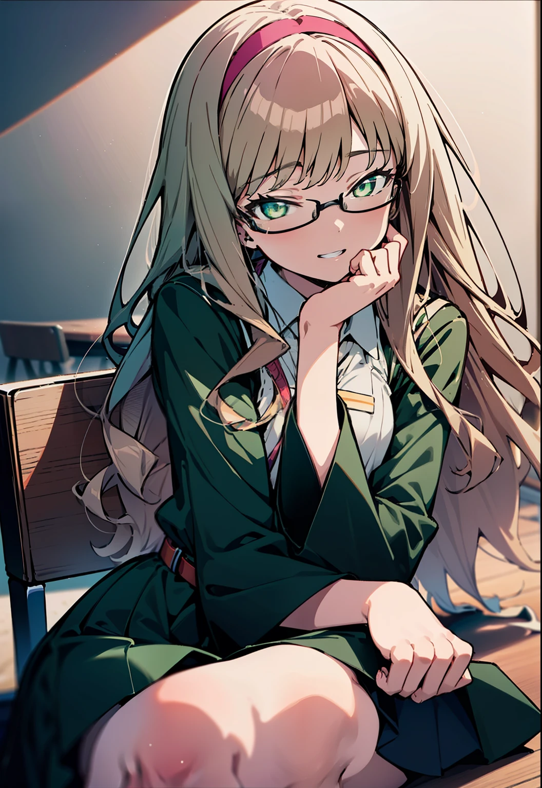 minami yume ,sss Dynazenon ,Long Hair, Brown Hair, (Green Eyes:1.5) ,Center of chest,hair band,happy smile, smile, Open your mouth, Black-rimmed glasses, Black dress,Short sleeve,Black long skirt,Stiletto heels,sitting cross-legged on a chair,Daytime,Clear skies,whole bodyがイラストに入るように,There is a computer on the table,
break looking at viewer, whole body(Cowboy Shot:1. 5)
break indoors, office,
break (masterpiece:1.2), highest quality, High resolution, unity 8k wallpaper, (shape:0.8), (Beautiful and beautiful eyes:1.6), Highly detailed face, Perfect lighting, Highly detailed CG, (Perfect hands, Perfect Anatomy),