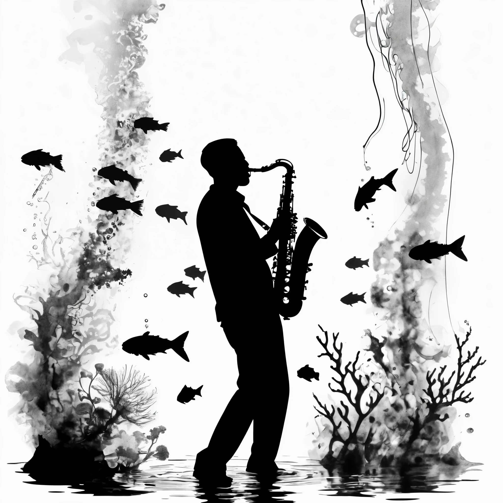 Saxophone in the water，aquarium，Many fish shadows，Underwater World, ink，Exaggerated expression，ink splash，line outline，ink stain，ink stain，（Black and White），coral，algae，Big bubbles，Jellyfish