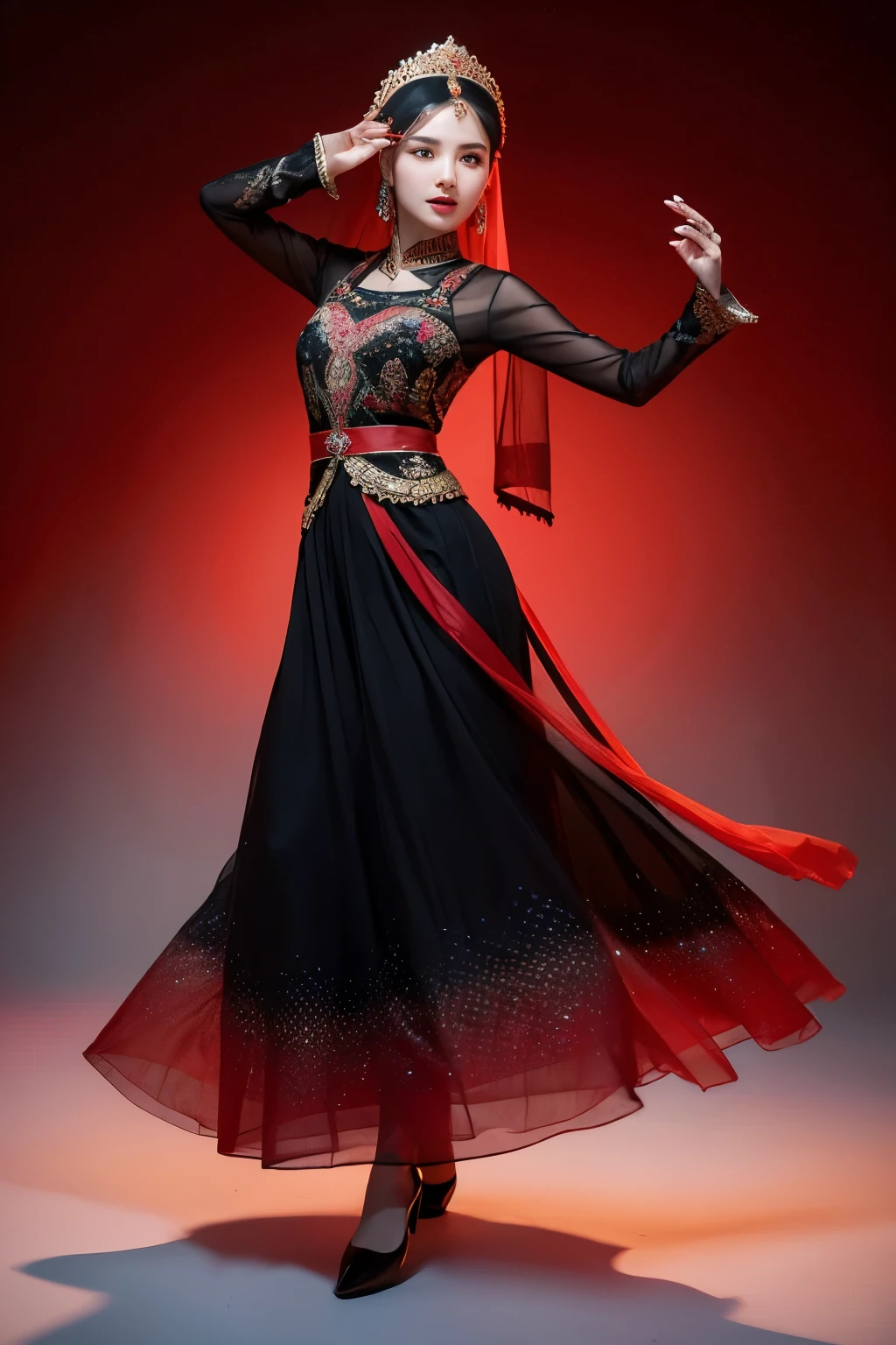 Uyghur beauty, dancing, silk, Kazakhstan, mysterious, enchanting dance, graceful dance, Xinjiang, Uyghur beauty, exotic style, HD pictures, long skirt, skirt color black and red gradient, Uyghur dress, clothes with ethnic patterns, full body, Uyghur ornate headdress, veil, white background,