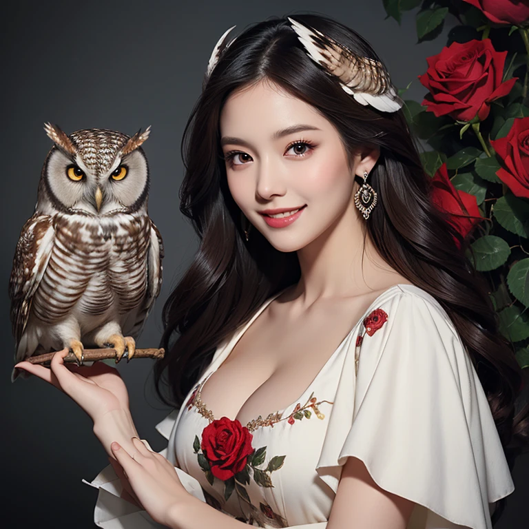 (Highest quality, masterpiece: 1,1), (busty with owl, dark eyes, bright smile, rose hair, illustration), painting, detailed, 8K