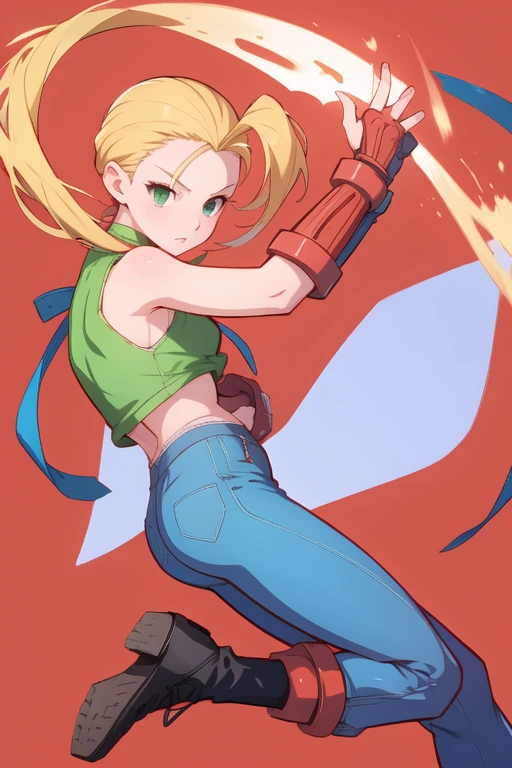 Cammy atuendo de ninja rojo y blanco revelador, que consiste en un top corto con mangas largas, pantalones cortos ajustados y botas altas.