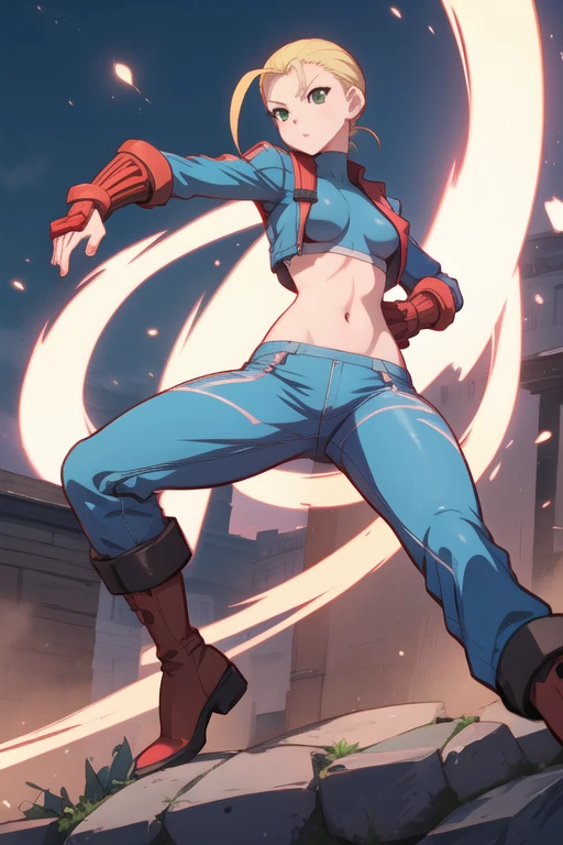 Cammy atuendo de ninja rojo y blanco revelador, que consiste en un top corto con mangas largas, pantalones cortos ajustados y botas altas.