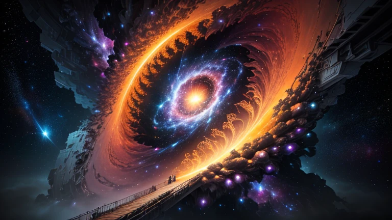 ((best quality)), ((masterpiece)), (high detail), (high resolution), Stare at the infinite length of the universe, endless galaxies, , black hole, exploding supernova, floating stars, endless spiral staircase, nebula, Relaxed, atmosphere, bright, Mike Escher, The Art of Sense Ijaye, Minimalism, Numeric code rotation, Matte painting