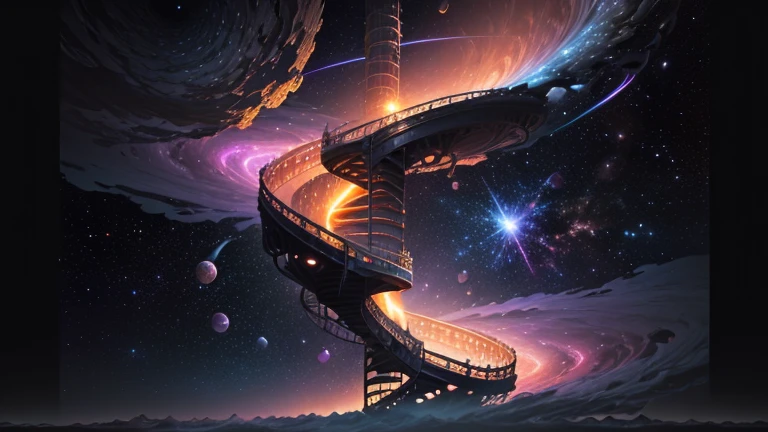 ((best quality)), ((masterpiece)), (high detail), (high resolution), Stare at the infinite length of the universe, endless galaxies, , black hole, exploding supernova, floating stars, endless spiral staircase, nebula, Relaxed, atmosphere, bright, Mike Escher, The Art of Sense Ijaye, Minimalism, Numeric code rotation, Matte painting