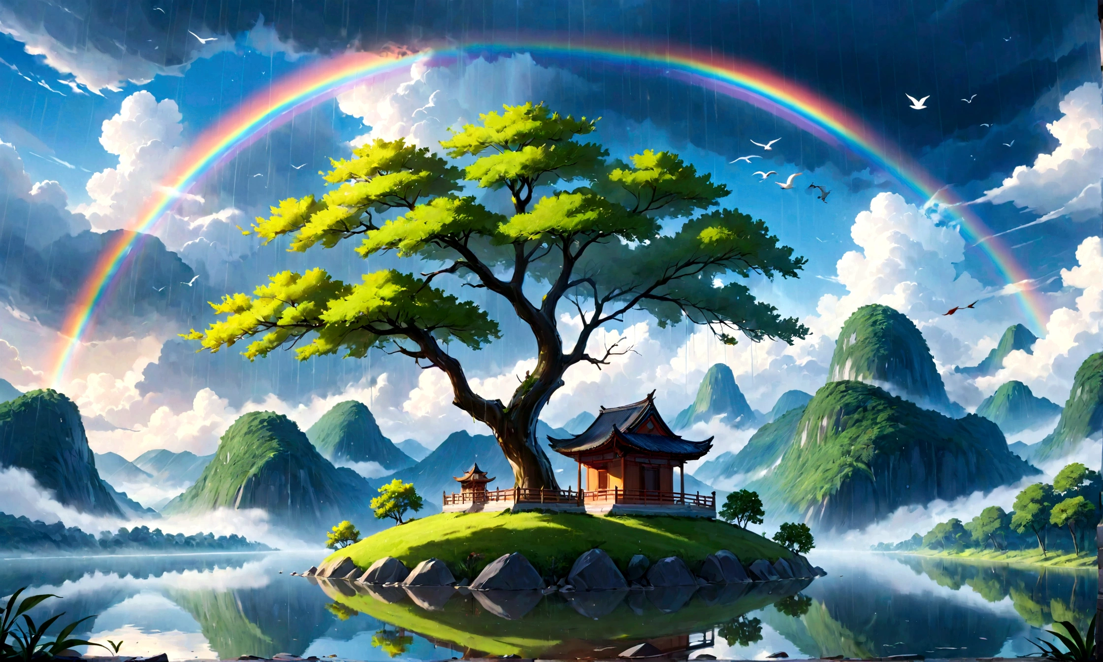 ((When it rains, a rainbow appears in the sky)),Baiyun, after the rain, Quiet Lake, Inverted Image, Tree contours, The birds fly, refresh, Magic, Beautiful natural scenery
