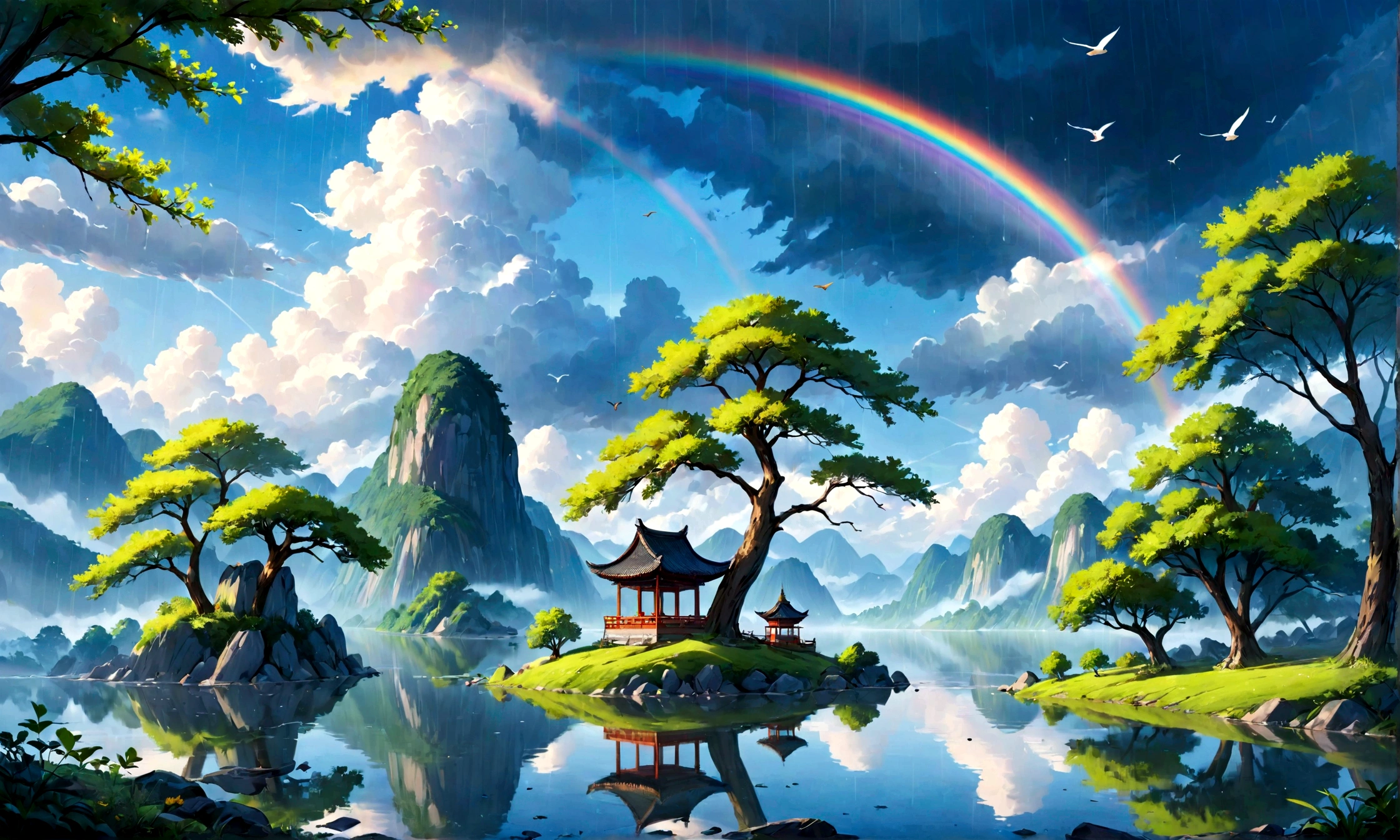 ((When it rains, a rainbow appears in the sky)),Baiyun, after the rain, Quiet Lake, Inverted Image, Tree contours, The birds fly, refresh, Magic, Beautiful natural scenery