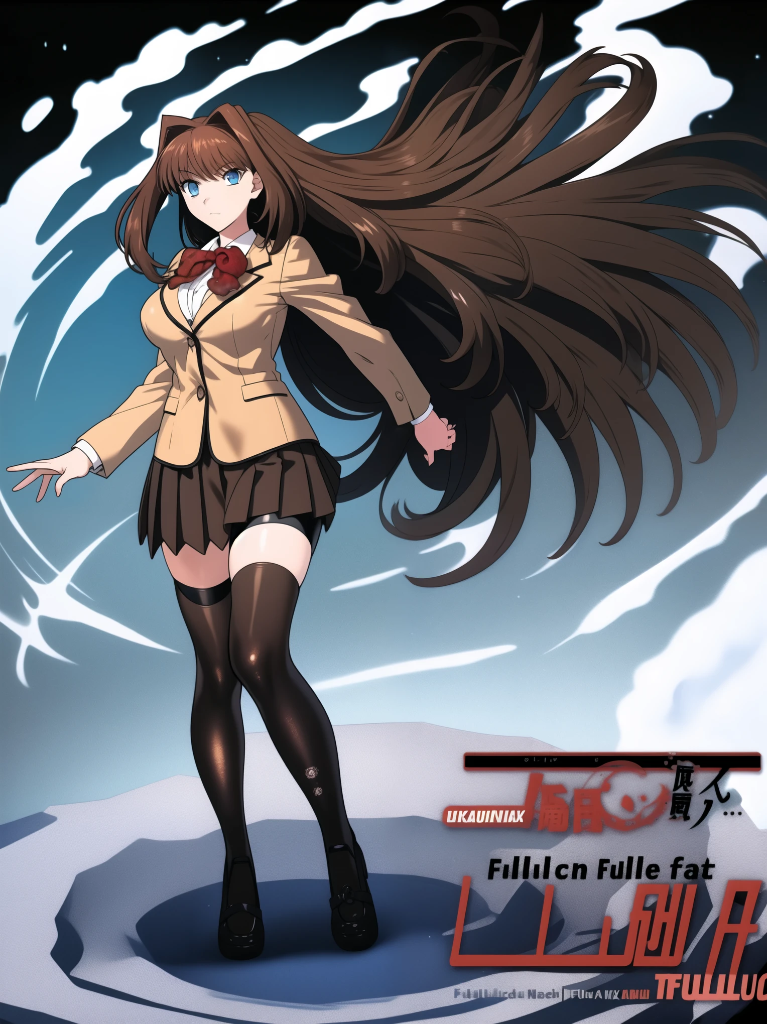BREAK, centered. BREAK, (EMPTY BACKGROUND), BREAK (masterpiece:1), best quality, high resolution, 8k, illustration, (beautiful detailed eyes:1.5), extremely detailed face, extremely detailed body, CG, perfect hands, perfect anatomy, (((1girl))), ((solo)), ((bbaoko)), ((2 legs max)), ((2 feet max:1.6)), ((swirling vortex shaped longest brown hair:1.5)), (brown longest hair with slightly reddish undertone:1.6), (lush luscious longest brown hair:1.6), (very long voluminous longest brown hair:1.5), serious, blue eyes, red bowtie, (Form-fitting beige blazer:1.5), brown jacket, (highly detailed beautiful face:1.2), (white shirt:1), (well shaped large breasts:1.6), (nice hips:1), (((Umber pleated thigh-high skirt:1.6))), (((black bike shorts:1.4))), (toned thighs:1.6), (jetblack thighhighs:1.6), (strap shoes brown color), (facing front:1.5), ((standing straight:1.5)), ((Fullbody in frame:1.6)), ((Full body:1.5)), ((takeuchi takashi:1.3))
