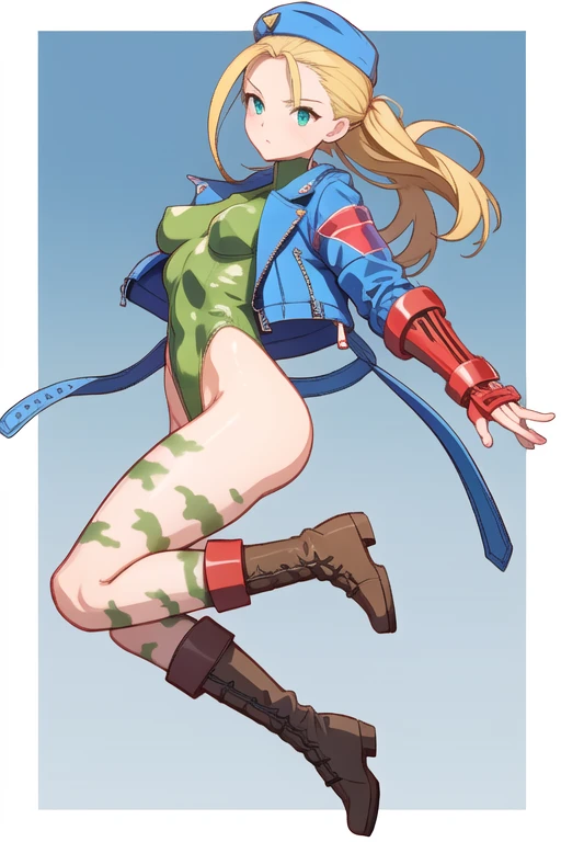 Cammy has a matching hat and long boots too, and retaining his characteristic combat gauntlets. She appears to be at least still wearing her thong leotard under her jacket, while his legs are still painted with camouflage stripes.