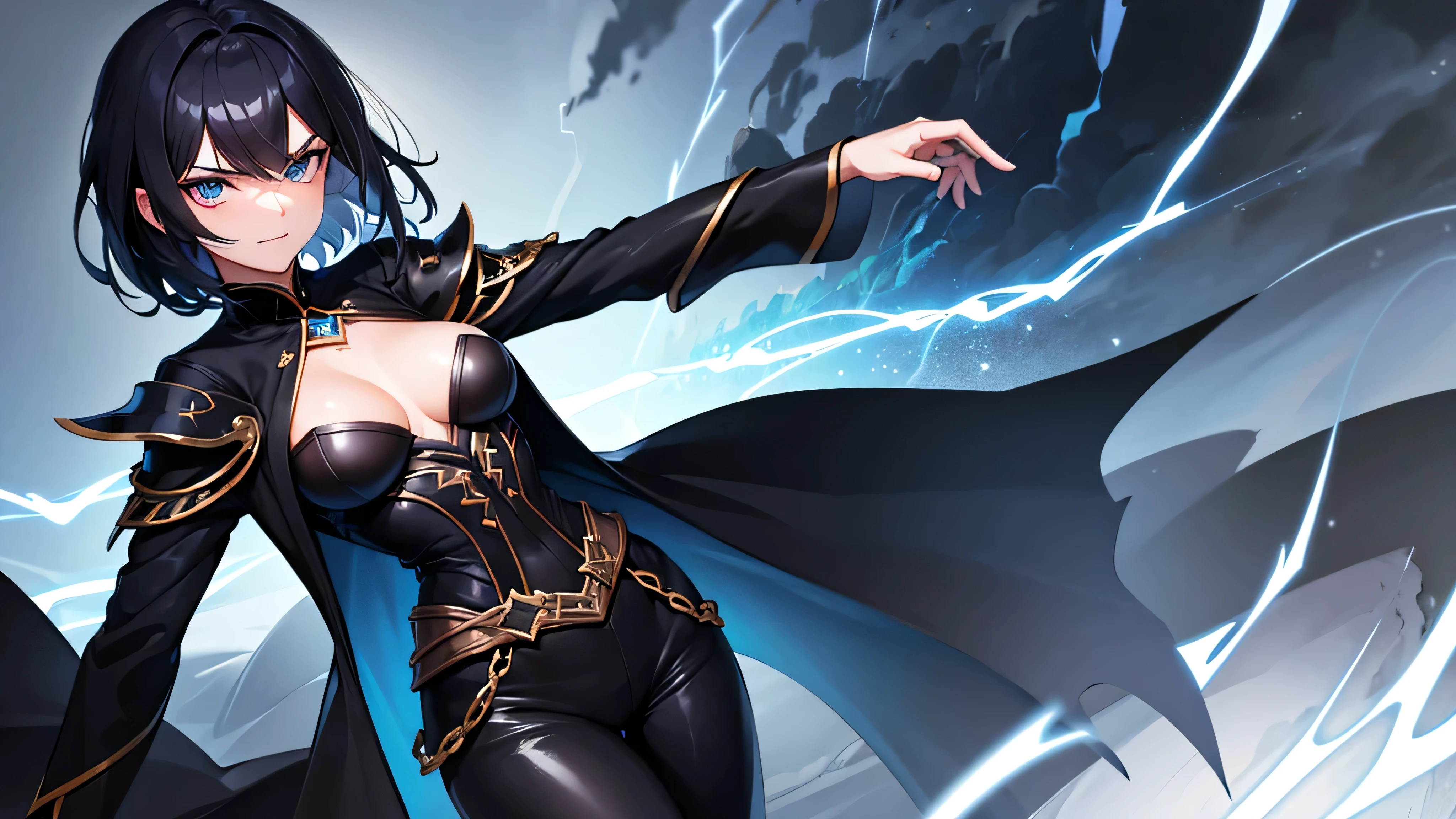 1girl, highly detailed, masterpiece, best quality, correct hands, short black hair, blue eyes, black robes, black pants, blue shirt, black vest, medium breasts, defined curves, smug look, satisfied look, mountain background, storm, lightning, floating, stormy atmosphere, surrounded by lightning