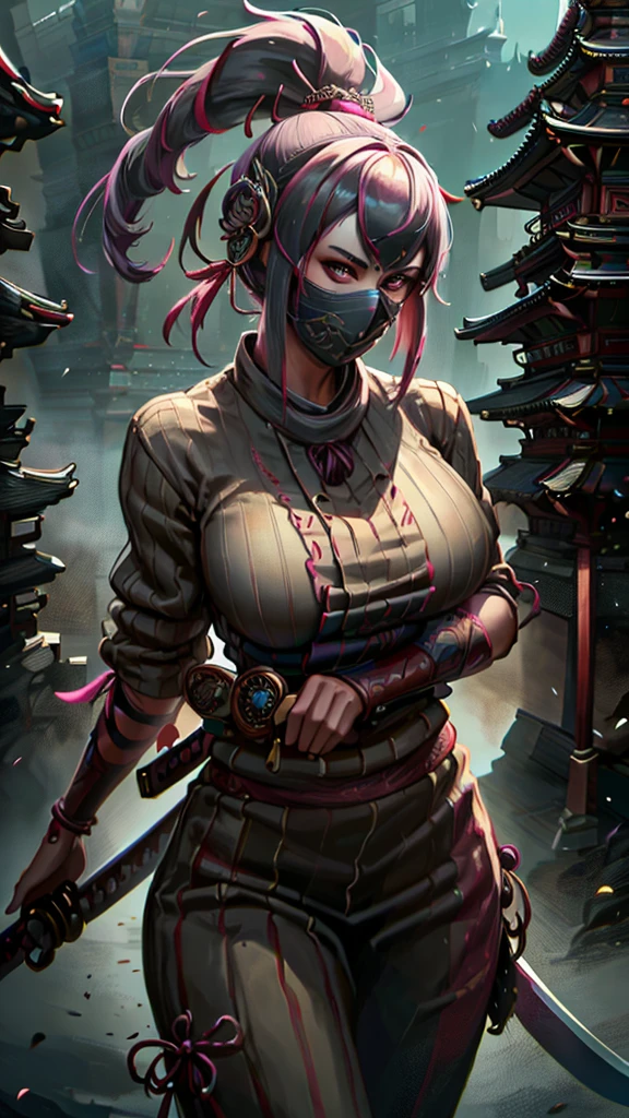 beautiful asassin woman wear mask,,holding katana,background of huge pagoda,extra detailed,ultra hd,realistic