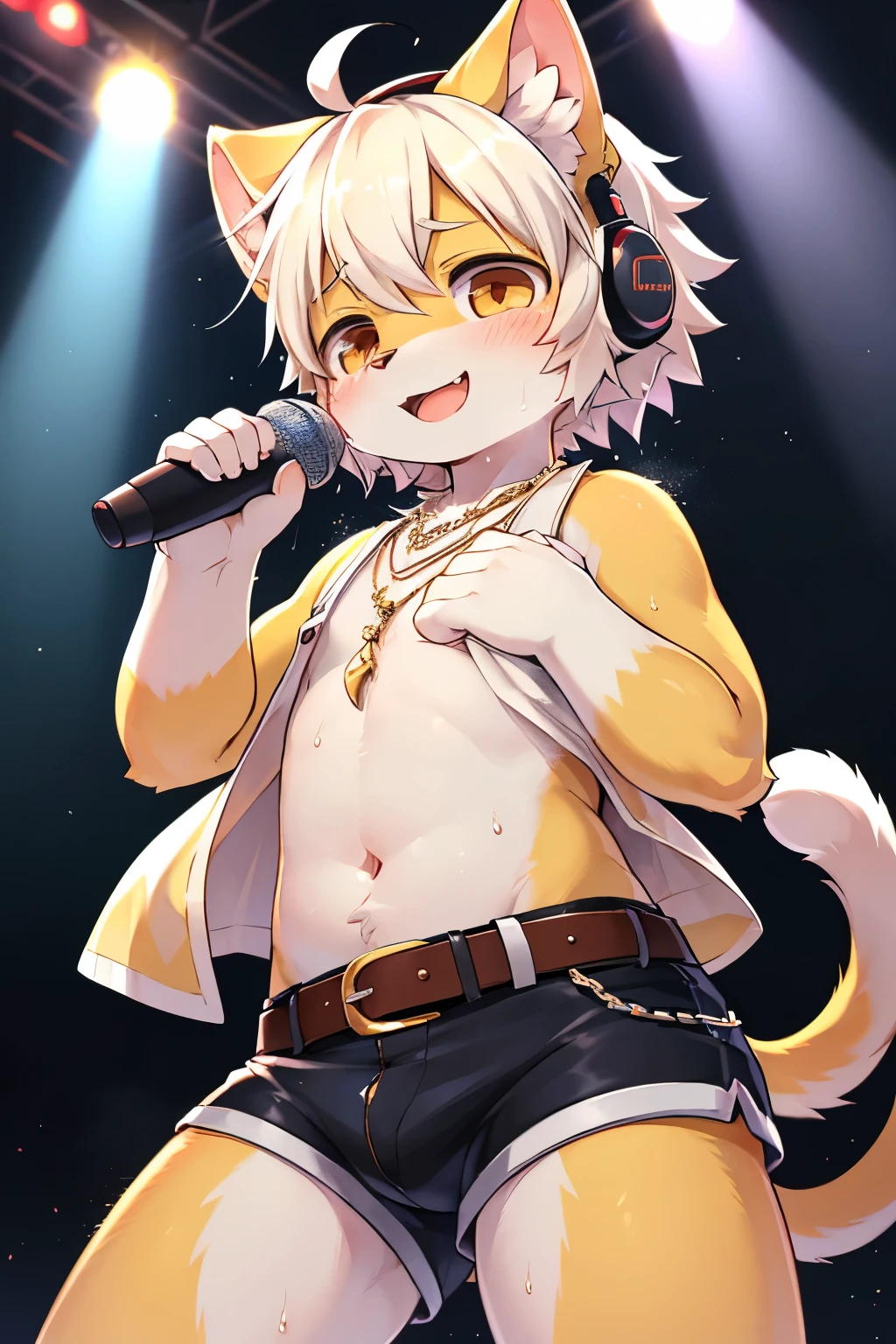 cover_page, highres, top quality, best quality, paid reward available, High-quality illustrations, unparalleled masterpiece, perfect artwork, absurdres, super high resolution, detailed background, Happy, joyful(kemono, furry anthro),kemoshota, kemoshota idol, holding microphone, live performance, tail, on stage, dynamic angle, navel, boys idol costume, boys idol clothing, idol adorns, headset, albino white cub lion kemoshota, pop star, sweat drops, light particle shining, glittered bromide, glittering bromide portrait, cute cat idol boy, glittered background, belt shorts, hightight, metal chain, necklace