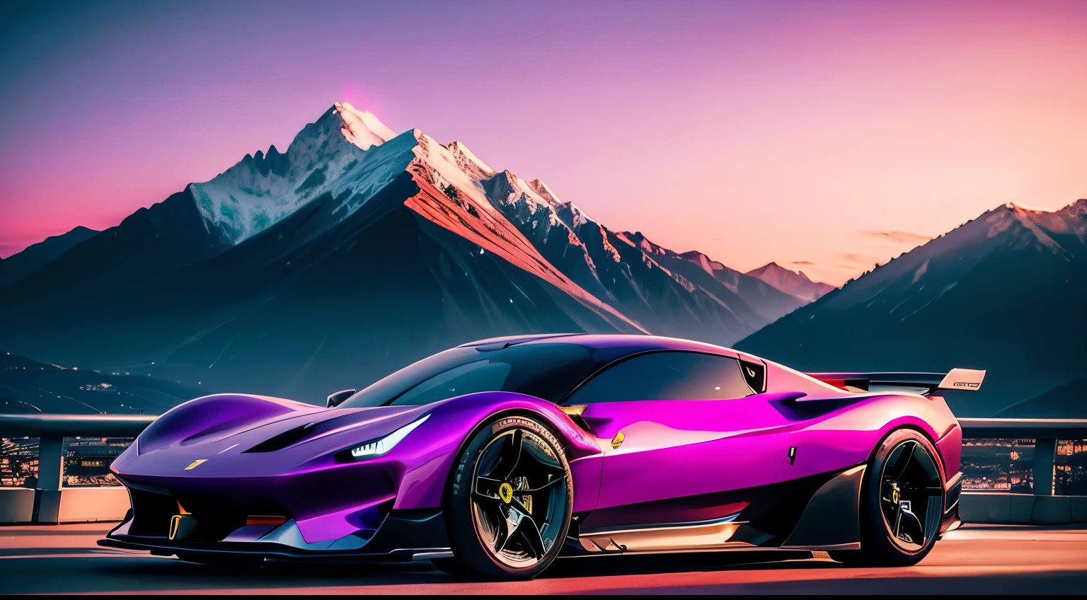 retrowave. City, electric hypercar, wide body kit, Road, PURPLE NEON MONITOR LIGHT, Sun, Mountain, (Masterpiece, Detailed, A high resolution), Ferrari concept car