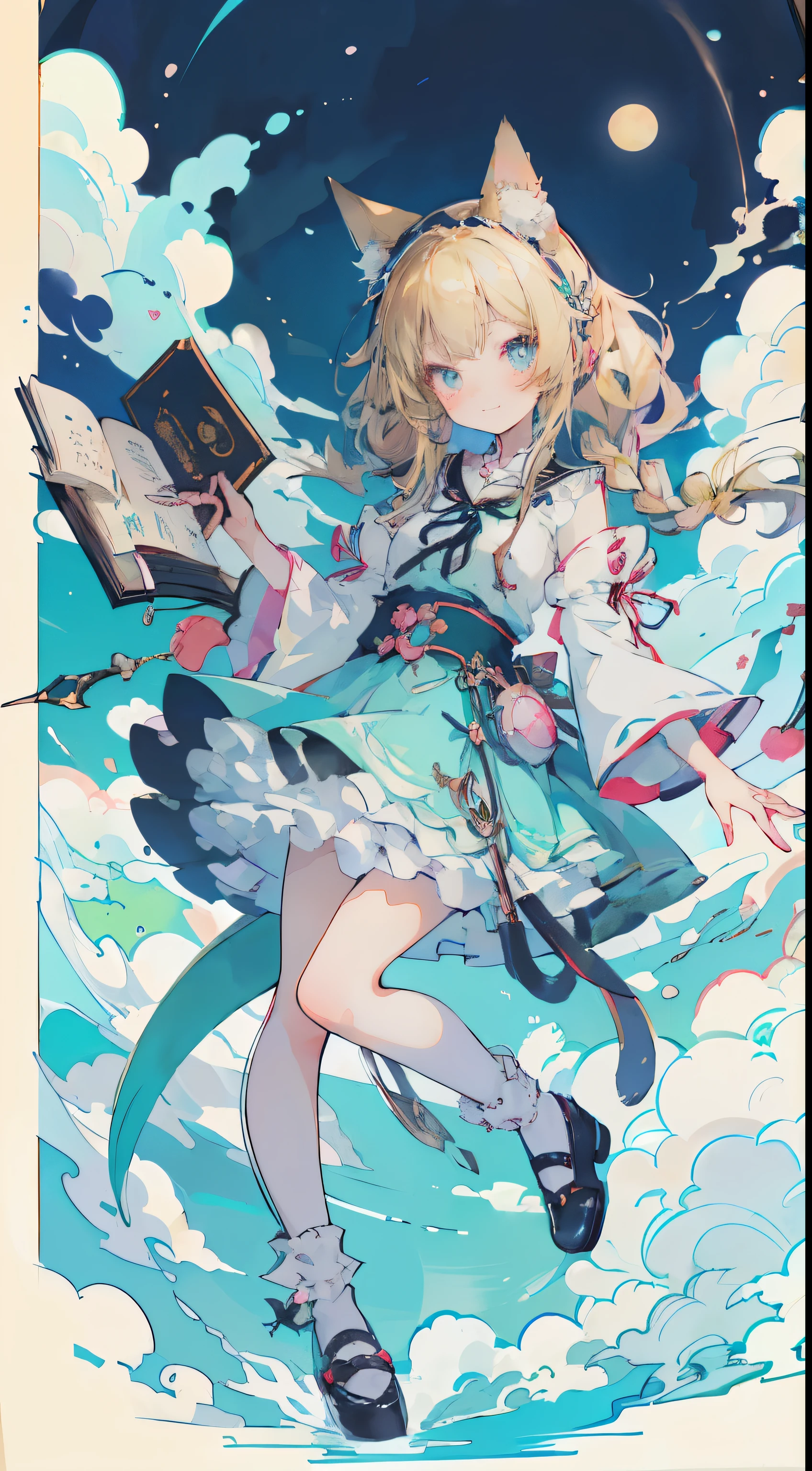 ((Tabletop, highest quality: 1.1), ((Anime girl in a blue dress holding a magic wand)), Anime Cat girl in maid outfit, , ((Blonde))、Long-haired、Very Beautiful Anime Cat girl, AnimeCat girl, ((White knee-high socks)), Attractive Cat Girl, Inspired by Leiko Ikemura, Takano Aya color style, in ryuuou no oshigoto art style, Cat girl, Favorite character, rei hiroe、With a smile