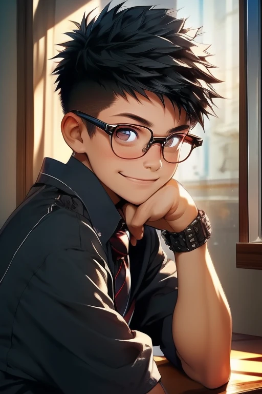 Window side, cafe, smile, tie, male, ************, Short spiked Hair, black hair, shirt, rolling up sleeves, Glasses, Asian, young, cute, (detailed eyes), detailed skin, (masterpiece, best quality:1.4), Top Quality, High quality, Ultra detailed, insanely detailed, 