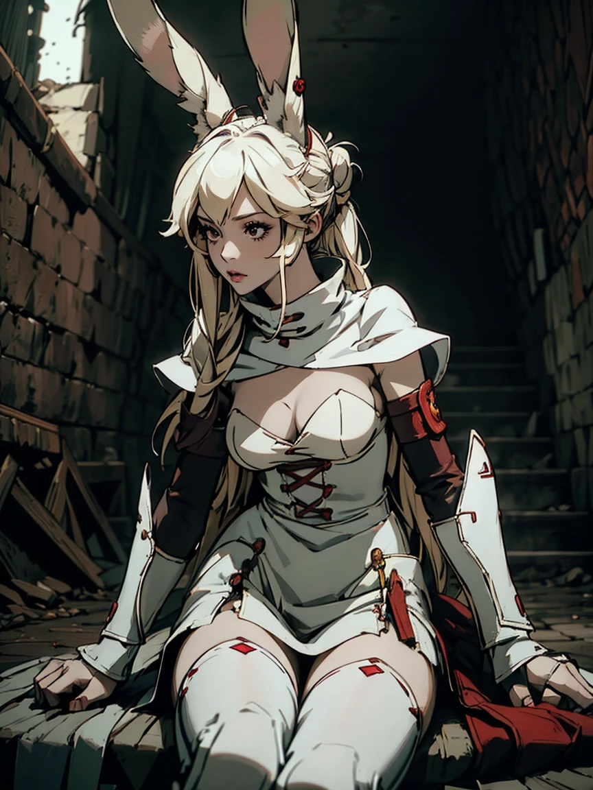 a rabbit girl in the ruins, (rabbit girl), looking up, (best quality,high resolution, masterpiece:1.2), female focus, (one girl:1.5), (free hands), beautiful eyes, (white hair:1), detailed eyes, (rabbit ears), (red eyes:1.2), white cloak, , fleshy lips, hair ornament, leather armor, Clothes made of tanned leather, detached sleeves, wrist guard, white thighhighs, shin guards, perfect quality, good quality, masterpiece, Prepare-se para mergulhar em um mundo onde a beleza e o artesanato se fundem perfeitamente, anatomically correct. ultra nitidez