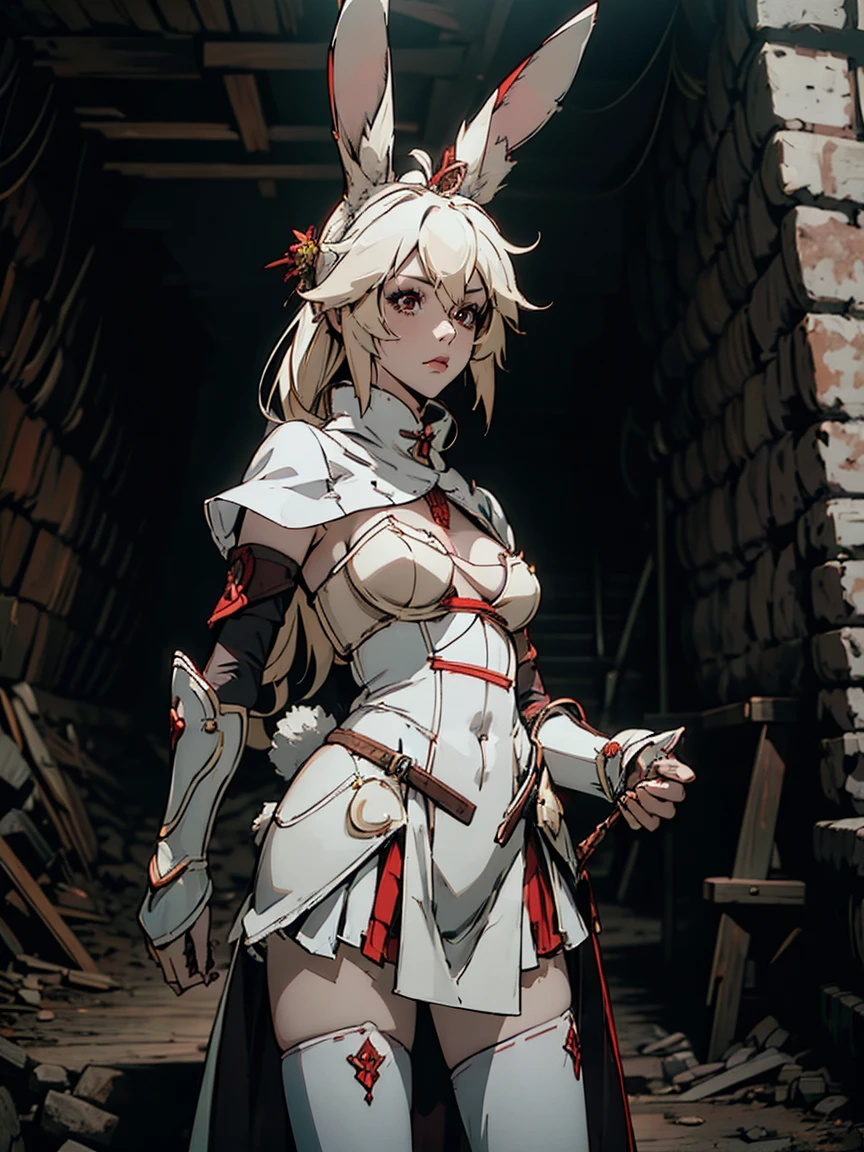 a rabbit girl in the ruins, (rabbit girl), looking up, (best quality,high resolution, masterpiece:1.2), female focus, (one girl:1.5), (free hands), beautiful eyes, (white hair:1), detailed eyes, (rabbit ears), (red eyes:1.2), white cloak, , fleshy lips, hair ornament, leather armor, Clothes made of tanned leather, detached sleeves, wrist guard, white thighhighs, shin guards, perfect quality, good quality, masterpiece, Prepare-se para mergulhar em um mundo onde a beleza e o artesanato se fundem perfeitamente, anatomically correct. ultra nitidez