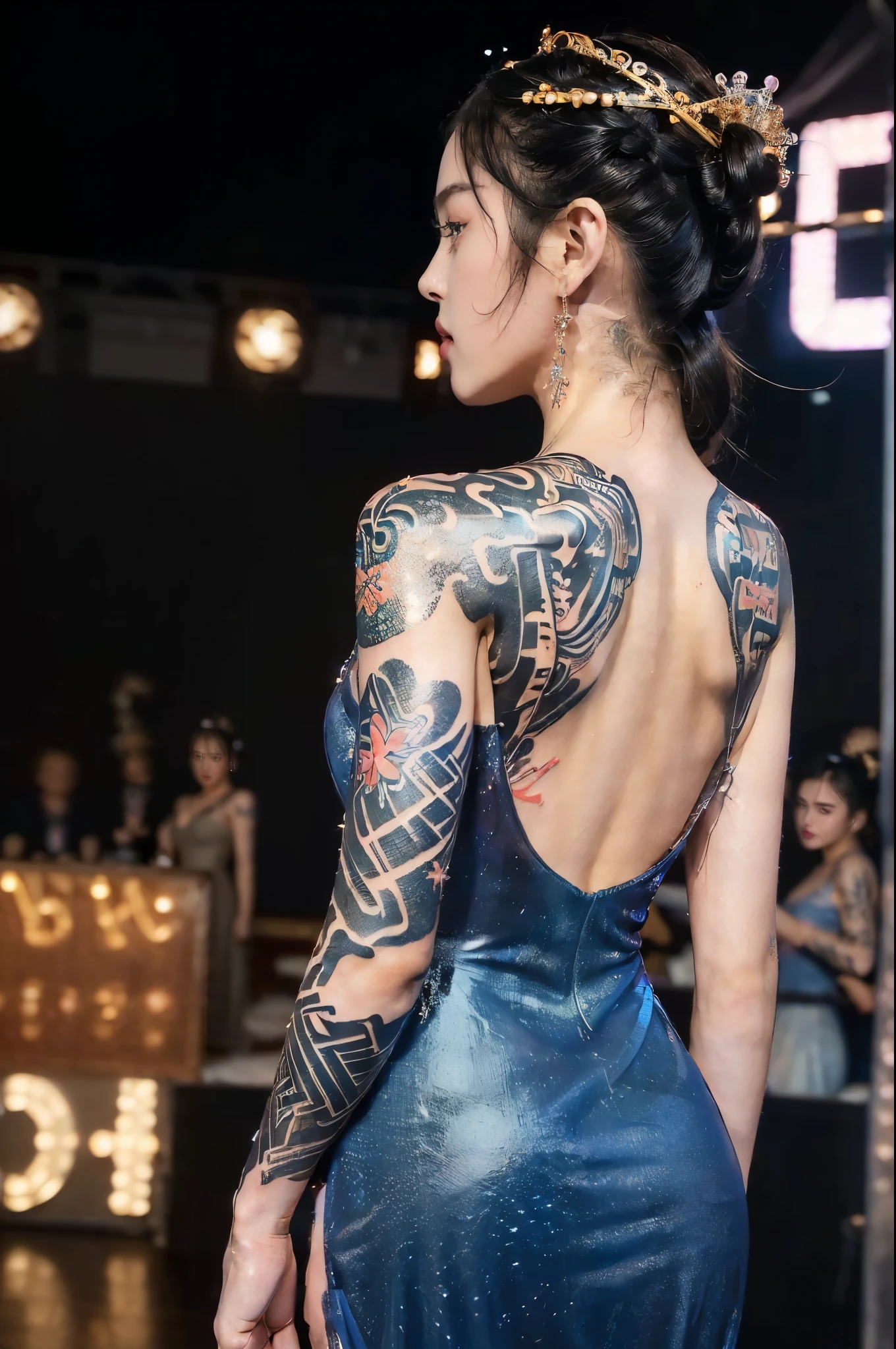 (Extremely meticulous CG),(((8k))),wallpaper,(Portrait above the chest:1.3),((Extremely refined and beautiful)),(((Masterpiece))),(((best qualtiy))),(((Ultra High Resolution))),beautiful light up,realistic shaded,(Smooth and flawless fair skin:1.5),(ultra-detailed:1.5),((a beautiful girl,solo)),(Japanese age idol:1.3),(princess crown:1.3),(short ponytail:1.2),(small head:1.2),(perfect body:1.1),(collar:1.2),(maxi dazzling Loline-piece dress:1.5),((slim,thin)),(bare back:1.3),(Tattoo on back:1.5),(from behind:1.5),(back view:1.3),(standing:1.3),(In the gorgeous theater:1.3),(on the stage:1.5),(lively atmosphere:1.3),(indoor:1.3),(colorful neon lights:1.3),(Cyberpunk style:1.3),(detailed background:1.5),(night scene:1.5),(close-up of back:1.3),