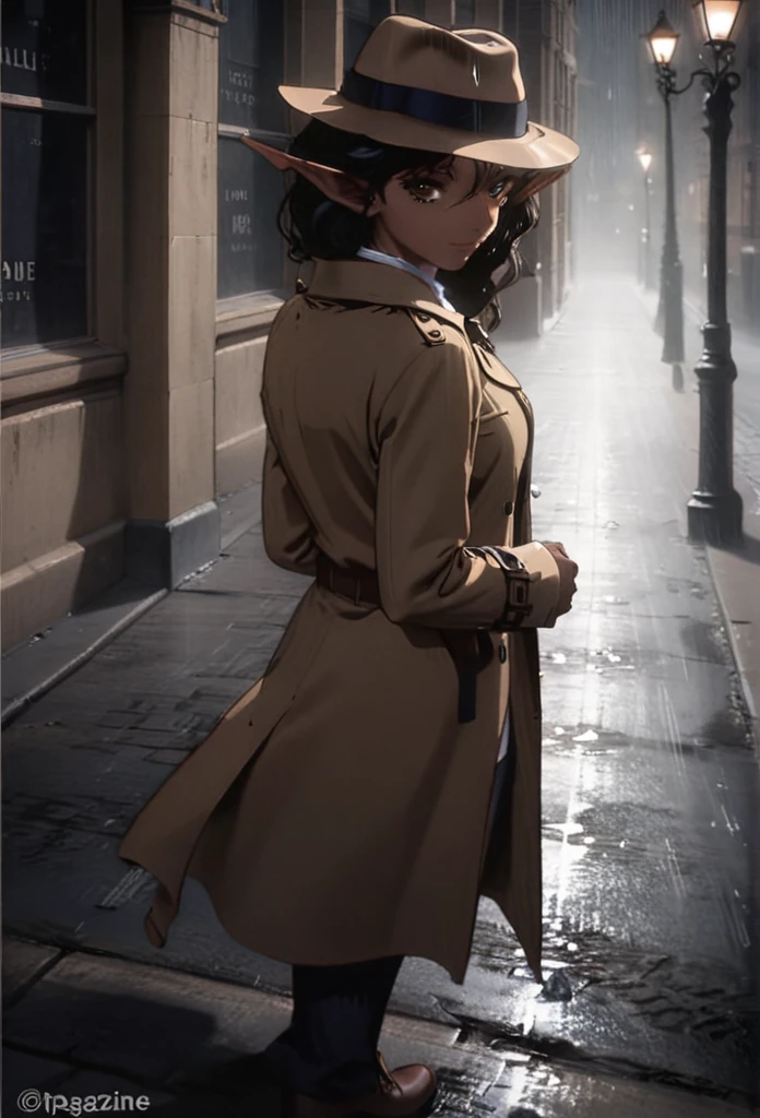 detailed illustration (side view),dynamic angle,ultra-detailed, illustration, pose for the camera, smiling at viewer, clean line art, shading, anime, 2020’s anime style, detailed eyes, detailed face, beautiful face standing on a sidewalk,

Noir Detective, trench coat, fedora hat, radio drama, pulp magazine character, long trench coat, hat, fedora hat, brown coat and matching hat, dark band on hat, 1940’s, ,Noir, beautiful woman, in a open trench coat, night, rain, brown shoulder length hair, brown eyes, hard boiled, female fatale vibes, noir, deep in thought, detective, plup magazine detective, noir vibe

Urban fantasy setting, dark elf, poited ears, elf, dark skin, tan skin,