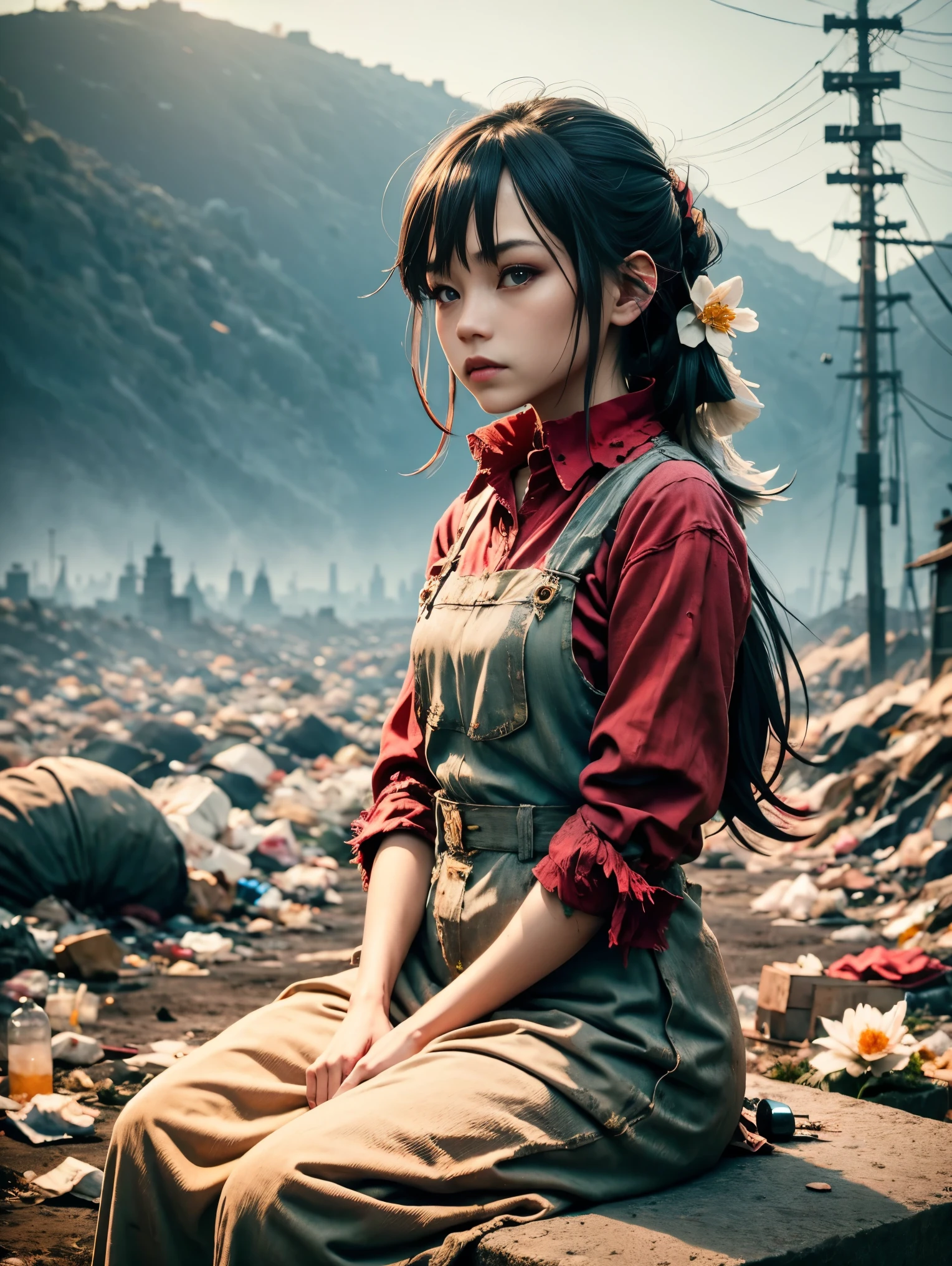 wasteland，Very poor maid sitting on a stone thinking，Thinker，Hand on cheek，(Sitting:1.2)，tattered，穿着tattered不堪的红色女仆服装，The skyline in the distance，Gothic，moss，A small white flower，Cemetery，Gothic教堂，Blood red moon，Gothic元素，wildfires，cold，gloomy