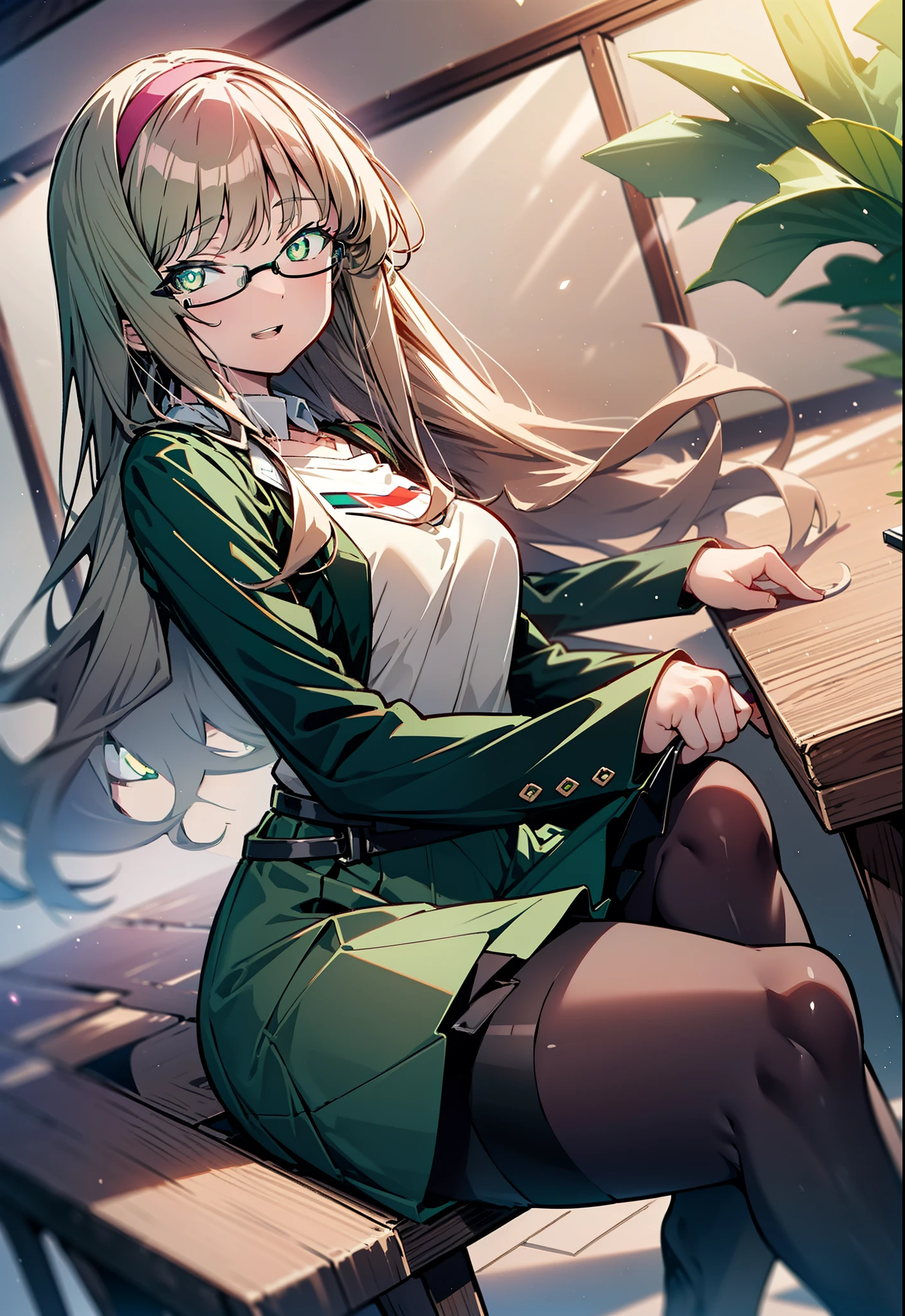 minami yume ,sss Dynazenon ,Long Hair, Brown Hair, (Green Eyes:1.5) ,Center of chest,hair band,happy smile, smile, Open your mouth, Black-rimmed glasses, Black dress,Short sleeve,Black long skirt,Stiletto heels,sitting cross-legged on a chair,Daytime,Clear skies,whole bodyがイラストに入るように,There is a computer on the table,
break looking at viewer, whole body(Cowboy Shot:1. 5)
break indoors, office,
break (masterpiece:1.2), highest quality, High resolution, unity 8k wallpaper, (shape:0.8), (Beautiful and beautiful eyes:1.6), Highly detailed face, Perfect lighting, Highly detailed CG, (Perfect hands, Perfect Anatomy),