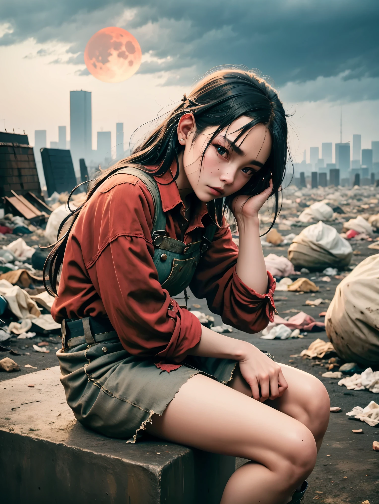 wasteland,Very poor maid sitting on a stone thinking,Thinker,Hand on cheek,(Sitting:1.2),tattered,穿着tattered不堪的红色女仆服装,The skyline in the distance,Gothic,moss,A small white flower,Cemetery,Gothic教堂,Blood red moon,Gothic元素,wildfires,cold,gloomy