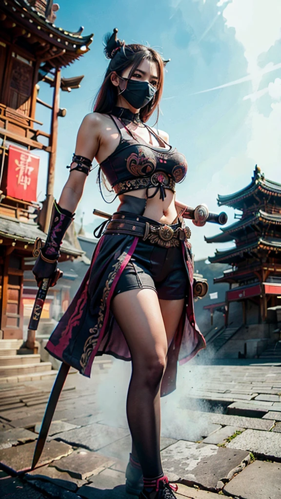 beautiful asassin woman wear mask,,holding katana,background of huge pagoda,extra detailed,ultra hd,realistic