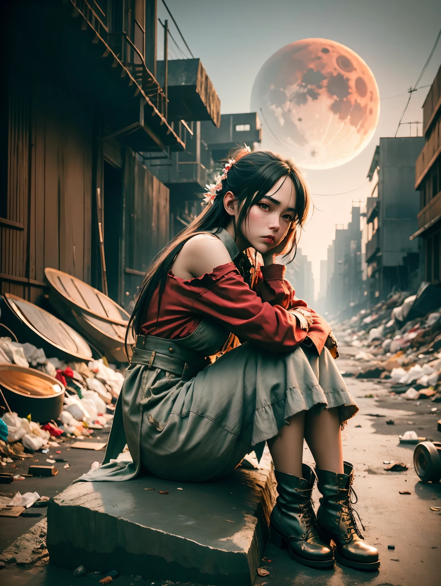 wasteland,Very poor maid sitting on a stone thinking,Thinker,Hand on cheek,(Sitting:1.2),tattered,穿着tattered不堪的红色女仆服装,The skyline in the distance,Gothic,moss,A small white flower,Cemetery,Gothic教堂,Blood red moon,Gothic元素,wildfires,cold,gloomy