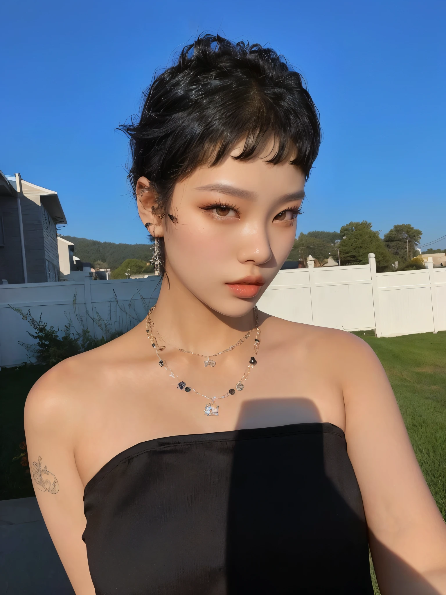 jennie kim with a black dress and a necklace on, she looks like a mix of Jennie Kim, with short hair, 1 7 - year - old goth girl, looks like a mix of Jennie, looks a blend of Jennie, with short hair with bangs, wearing intricate black choker, cyber necklace, Blackpink Jennie, wearing black choker, curly pixie cut hair