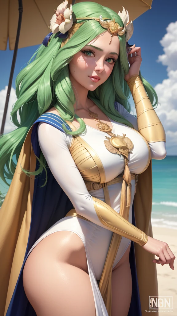 una mujer con una falda verde y un top rosa sosteniendo un paraguas verde, un retrato de personaje inspirado en rossdraws, Tendencias en la sociedad CG, fantasy art, Sailor Jupiter. Hermoso, extremely detailed artistic germ, palutena lady, gama murata y artgerm, germen de arte colorido!!!, estilo ivan talavera y artgerm, german style art