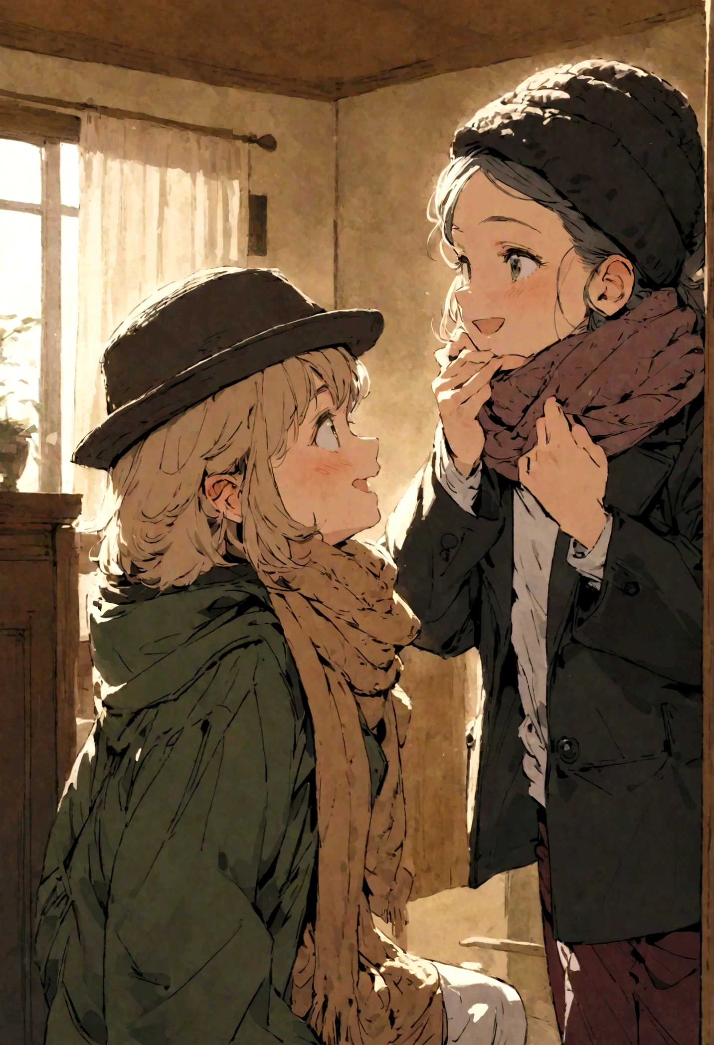 monk, knits a scarf, in the living room, in a jacket, in a hat with earflaps, joy on your face, tender emotion,