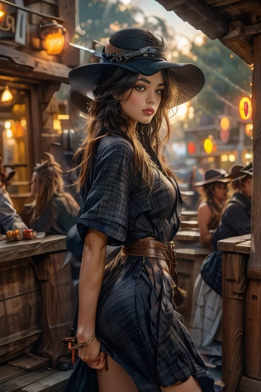 {Hyper realistic dynamic vision, sharp clean image and UHD 16K} A beautiful woman with a slim waist and snapper hips, in country style (thin blue and black plaid dress shirt, tight fitted shirt), standing out in a western town. Her tanned skin shines in the setting sun, “sweat”, large symmetrical and radiant green eyes, wavy brown hair falls gently over her shoulders. She wears a brown cowboy hat, thin blue and black plaid, tight-fitting dress shirt, faded jeans, and embroidered leather boots. It is on a dirt street surrounded by typical western wooden buildings. The local saloon has swinging doors and a porch where the cowboys chat. The barbershop has a rotating plate and the blacksmith shop next door is active with the sound of hammering. Horses tied to wooden posts and a hay cart passing by complete the scene. The golden light of the sunset casts shadows and bathes the city in a warm glow, capturing the vibrant essence of the Old West.