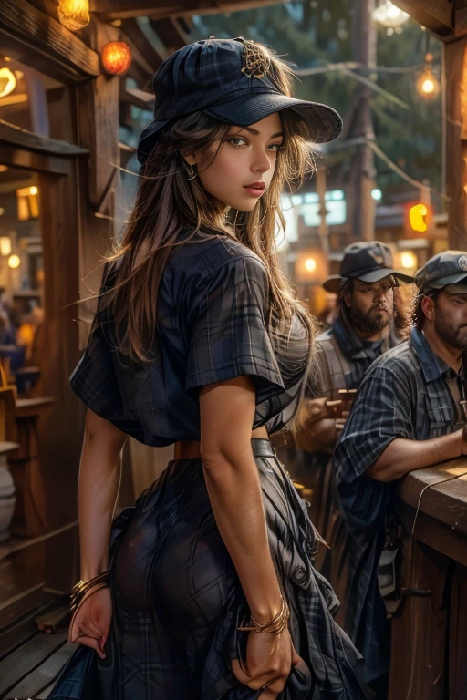 {Hyper realistic dynamic vision, sharp clean image and UHD 16K} A beautiful woman with a slim waist and snapper hips, in country style (thin blue and black plaid dress shirt, tight fitted shirt), standing out in a western town. Her tanned skin shines in the setting sun, “sweat”, large symmetrical and radiant green eyes, wavy brown hair falls gently over her shoulders. She wears a brown cowboy hat, thin blue and black plaid, tight-fitting dress shirt, faded jeans, and embroidered leather boots. It is on a dirt street surrounded by typical western wooden buildings. The local saloon has swinging doors and a porch where the cowboys chat. The barbershop has a rotating plate and the blacksmith shop next door is active with the sound of hammering. Horses tied to wooden posts and a hay cart passing by complete the scene. The golden light of the sunset casts shadows and bathes the city in a warm glow, capturing the vibrant essence of the Old West.