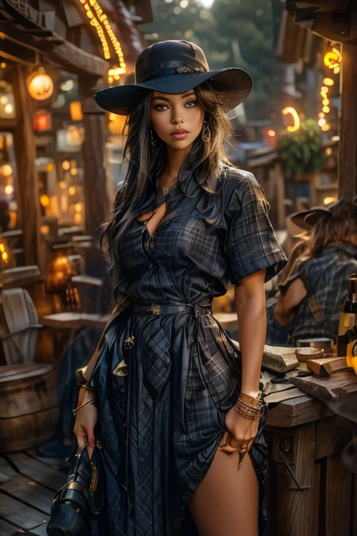 {Hyper realistic dynamic vision, sharp clean image and UHD 16K} A beautiful woman with a slim waist and snapper hips, in country style (thin blue and black plaid dress shirt, tight fitted shirt), standing out in a western town. Her tanned skin shines in the setting sun, “sweat”, large symmetrical and radiant green eyes, wavy brown hair falls gently over her shoulders. She wears a brown cowboy hat, thin blue and black plaid, tight-fitting dress shirt, faded jeans, and embroidered leather boots. It is on a dirt street surrounded by typical western wooden buildings. The local saloon has swinging doors and a porch where the cowboys chat. The barbershop has a rotating plate and the blacksmith shop next door is active with the sound of hammering. Horses tied to wooden posts and a hay cart passing by complete the scene. The golden light of the sunset casts shadows and bathes the city in a warm glow, capturing the vibrant essence of the Old West.