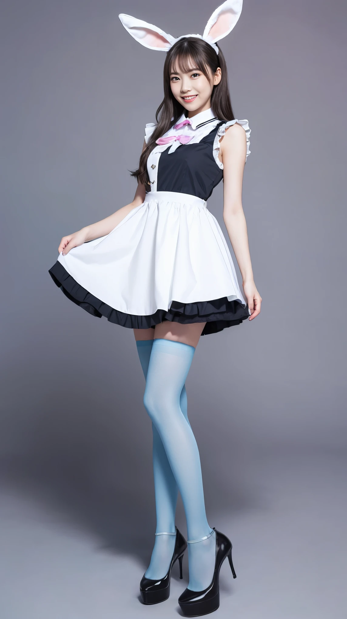 Bunny girl in a light blue maid outfit:1.5,Wearing light blue tights:1.5,The best smile:1.5,Full Body Shot:1.5,Gray background:1.5,Wearing black high heels:1.5,