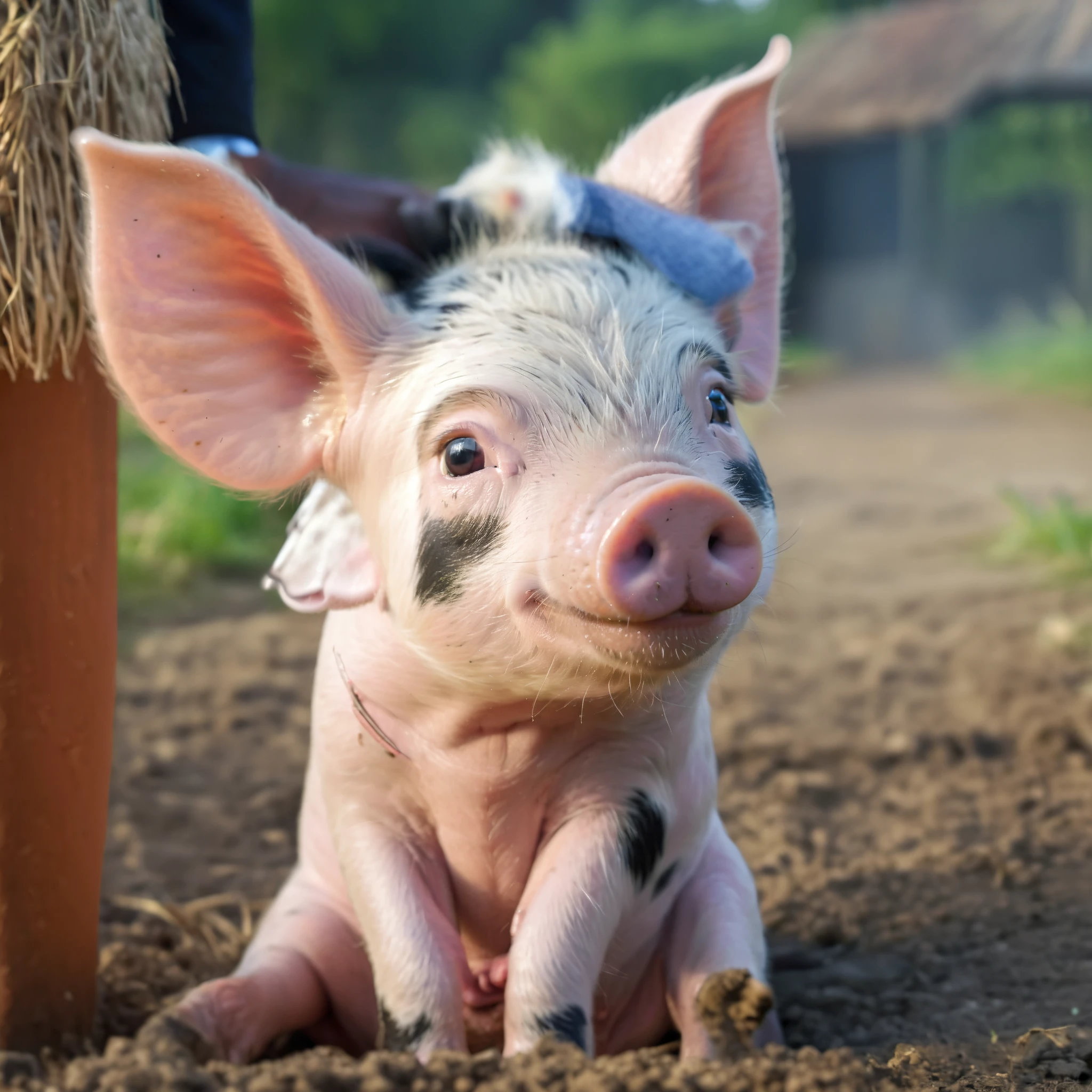 a close up of a pig sitting on the ground next to a person, piglet, (masutepiece:1.3), (8K, Photorealistic, Raw photo, Best Quality:1.4), Sharp Focus:1.2