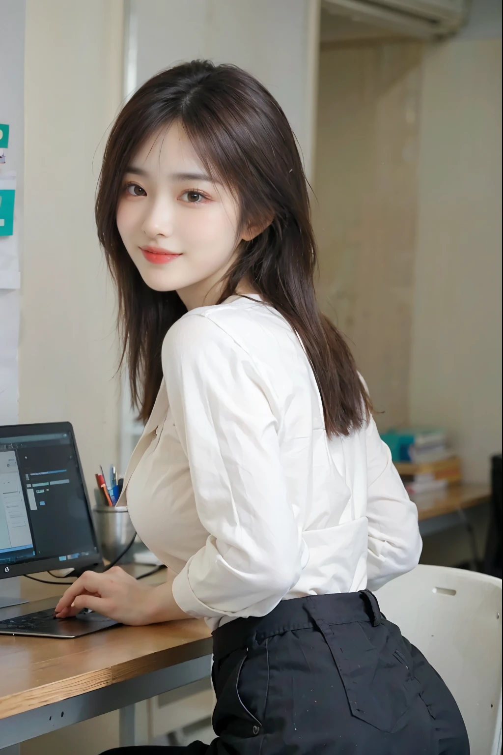 (highest quality)), ((masterpiece)), (detailed), Perfect Face、Very large breasts、Waistline、Very big ass、Office Lady、whole body、Tight Skirt、White blouse,Facing forward、smile