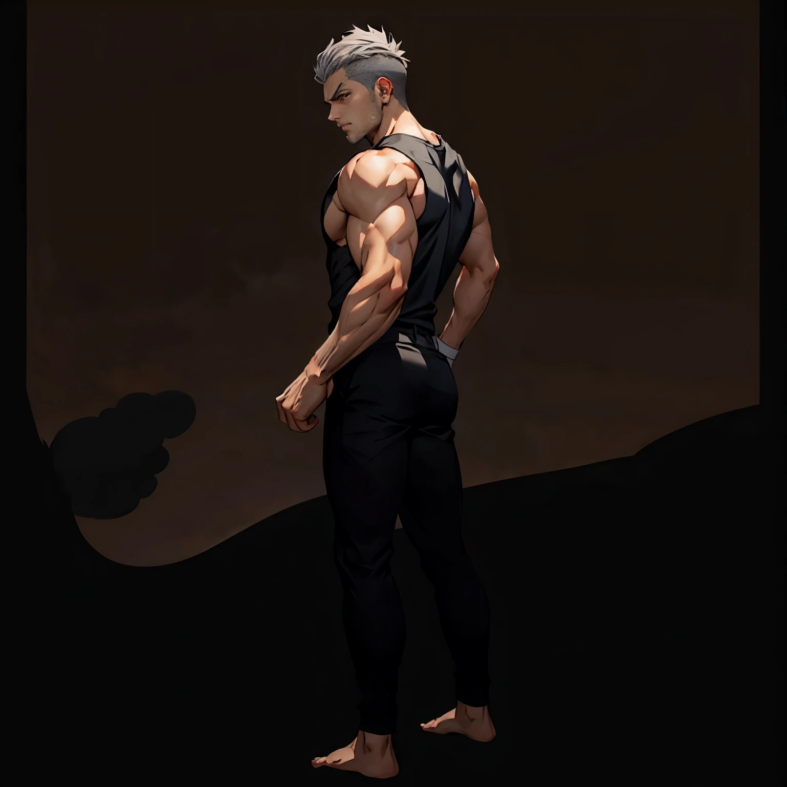 1boys, Full body, Serious face, brown eyes, ((gray hair)), medium length hair, wearing black sleeveless shirt, black tracksuit pants, black hair, levitate on sky, blue sky, cloud, side back view