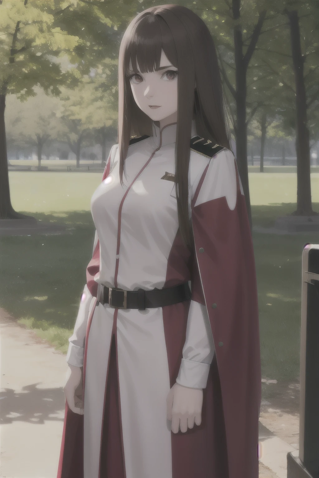 1 girl,straight hair, bangs,brown hair, bright red eyes,Looking at the viewer,white army uniform,, standing in the park,half body photo