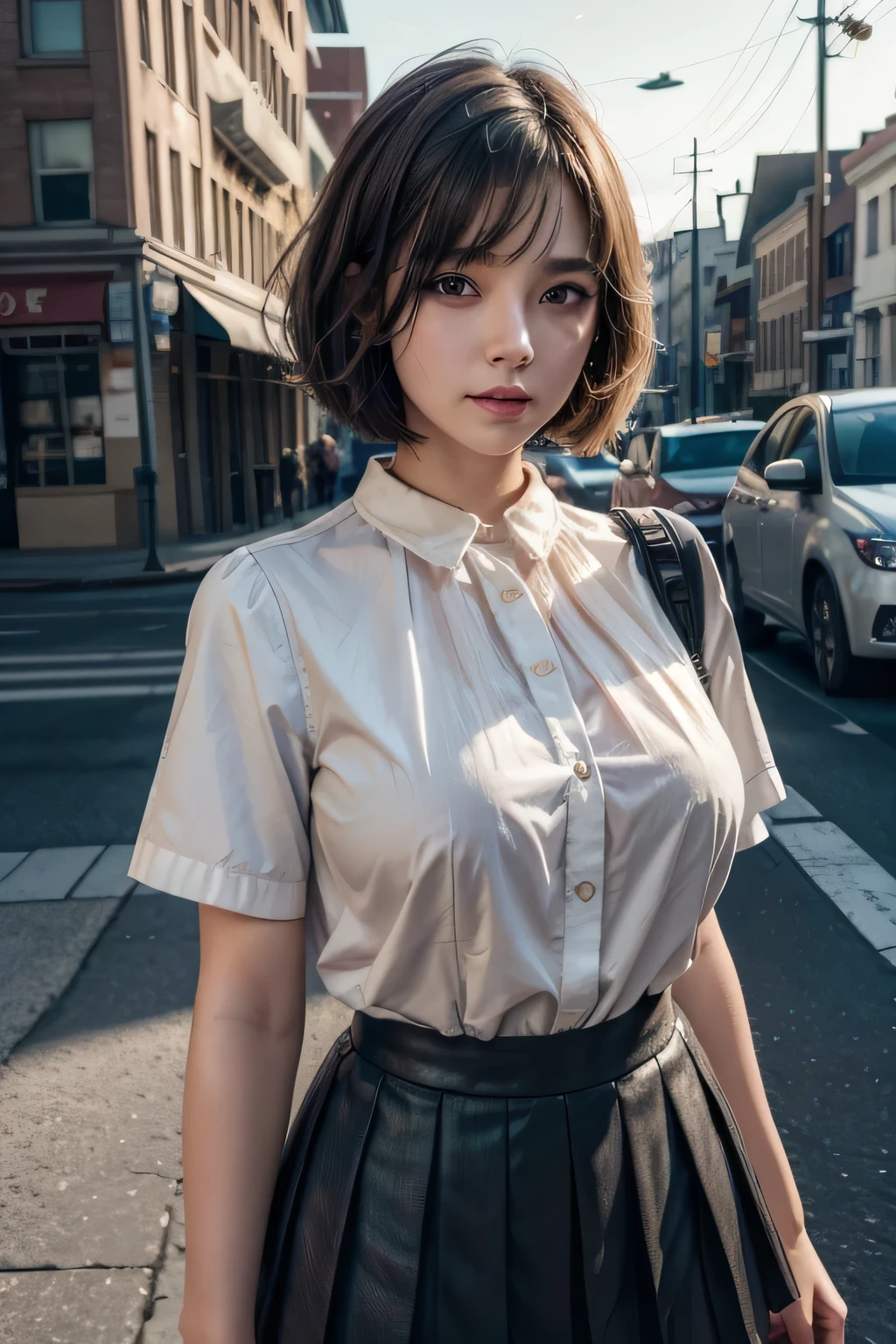 ((a beautiful high school girl)),(high school blouse), (short pleated skirt), large breasts, fluffy short bob haircut, bright city street, (best quality,4k,8k,highres,masterpiece:1.2),ultra-detailed,(realistic,photorealistic,photo-realistic:1.37),extremely detailed eyes and face,longeyelashes,beautiful detailed lips,beautiful detailed eyes,detailed ,detailed cityscape,vibrant colors,soft lighting,cinematic composition