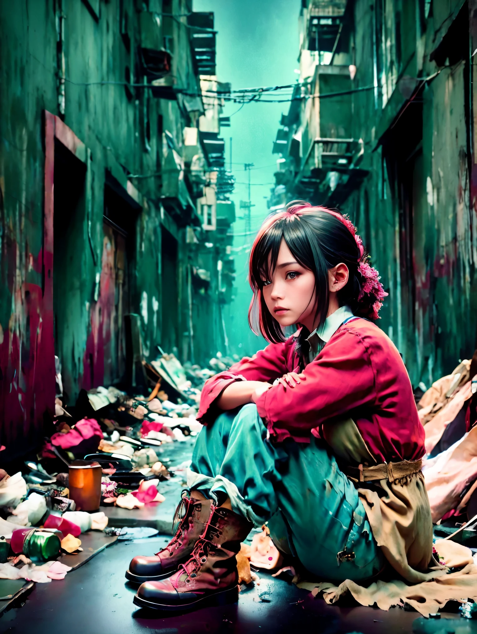 wasteland,Very poor maid sitting on a stone thinking,Thinker,Hand on cheek,(Sitting:1.2),tattered,穿着tattered不堪的红色女仆服装,The skyline in the distance,Gothic,moss,A small white flower,Cemetery,Gothic教堂,Blood red moon,Gothic元素,wildfires,cold,gloomy