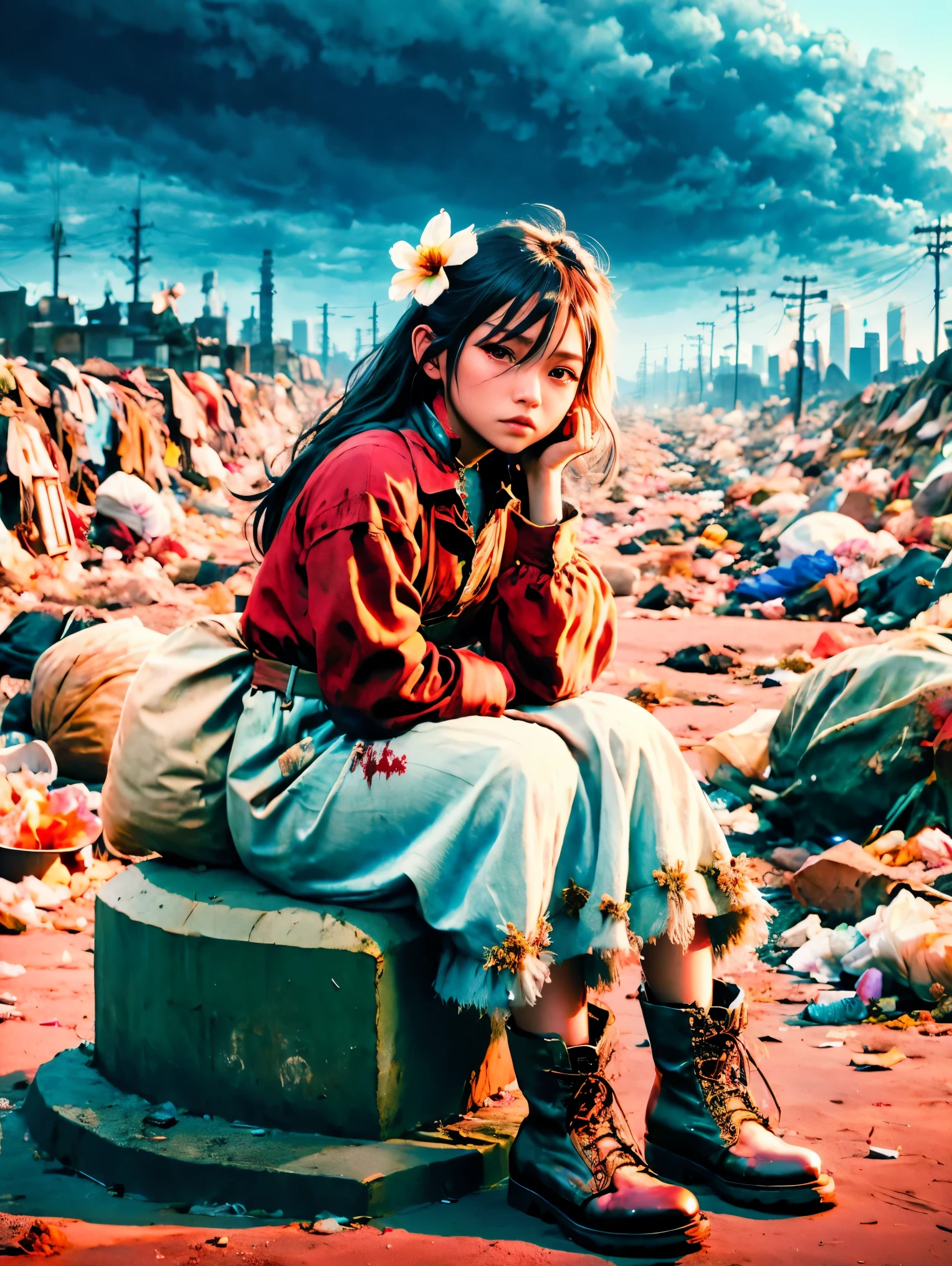 wasteland，Very poor maid sitting on a stone thinking，Thinker，Hand on cheek，(Sitting:1.2)，tattered，穿着tattered不堪的红色女仆服装，The skyline in the distance，Gothic，moss，A small white flower，Cemetery，Gothic教堂，Blood red moon，Gothic元素，wildfires，cold，gloomy