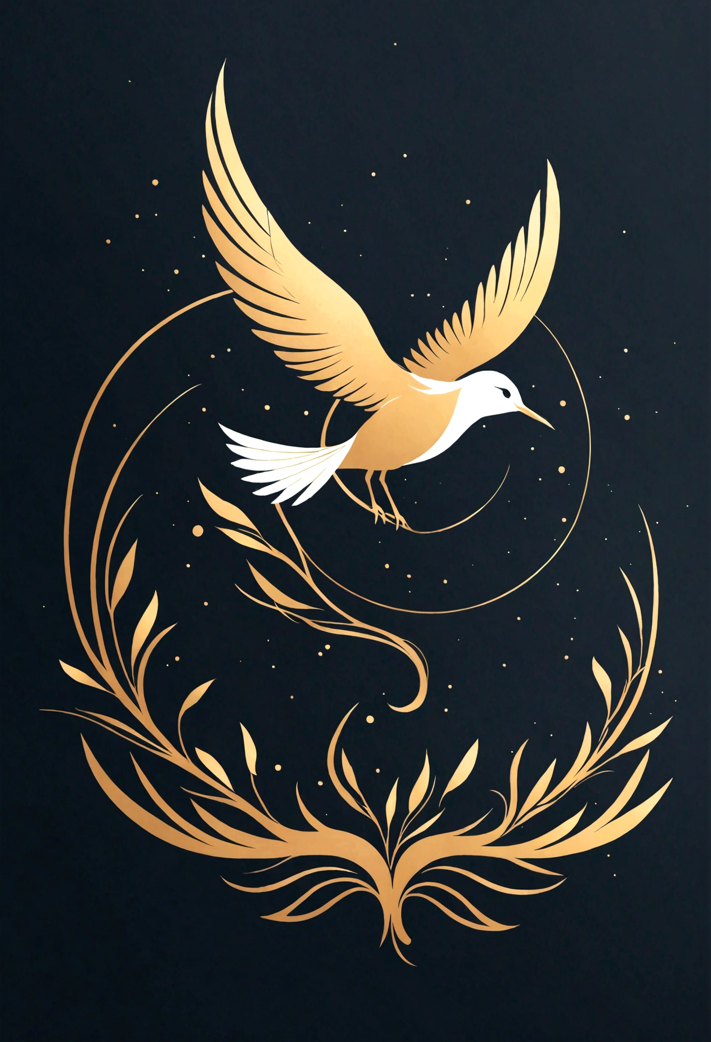 Create a simple and elegant feather bird logo,nature. The design should convey a strong sense of dreams and storytelling, using a minimalist approach with clear beautiful lines and using only white, blue and golden colors.