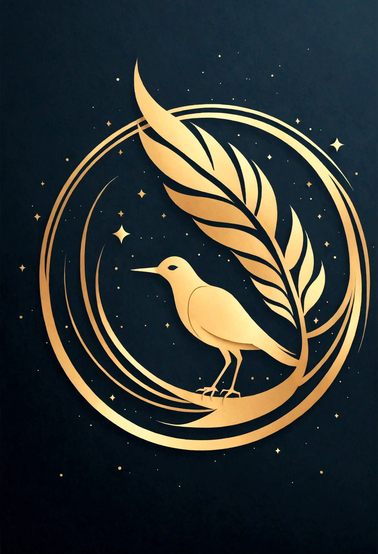 Create a simple and elegant feather bird logo,nature. The design should convey a strong sense of dreams and storytelling, using a minimalist approach with clear beautiful lines and using only white, blue and golden colors. 