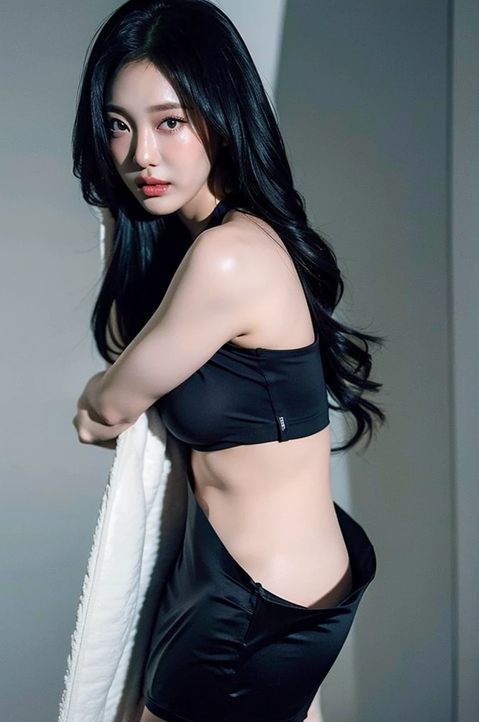 Best quality, masterpiece, ultra high res, (photorealistic:1.4), raw photo,1girl, solo, realistic, looking at viewer, upper body,simple gray background, black dress, big breast, revealing breast