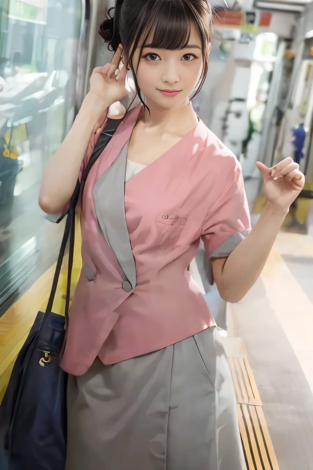 (masterpiece:1.2, highest quality:1.2), 32K HDR, High resolution, (alone、1 girl)、(At the station platform in the afternoon、Professional Lighting)、Background of an empty station platform、(Nankai train crew uniform pinkを着たリアルスタイル)、(Nankai train crew uniform pink short sleeve pink jacket、Nankai Train Crew Uniform Pink Collarless Short Sleeve Blouse、Nankai Train crew uniform pinkのグレー色のキュロットスカート)、Scarf around the neck、Dark brown hair、(Hair tied up、Hair Bun、Hair Bun)、Dark brown hair、Long Shot、Big Breasts、Thin legs、((Great hands:2.0)),((Harmonious body proportions:1.5)),((Normal limbs:2.0)),((Normal finger:2.0)),((Delicate eyes:2.0)),((Normal eyes:2.0)))、smile、(Nankai Train crew uniform pinkのグレー色のキュロットスカートを見せた美しい立ち姿)、Place your hands around your stomach、I have nothing in my hands