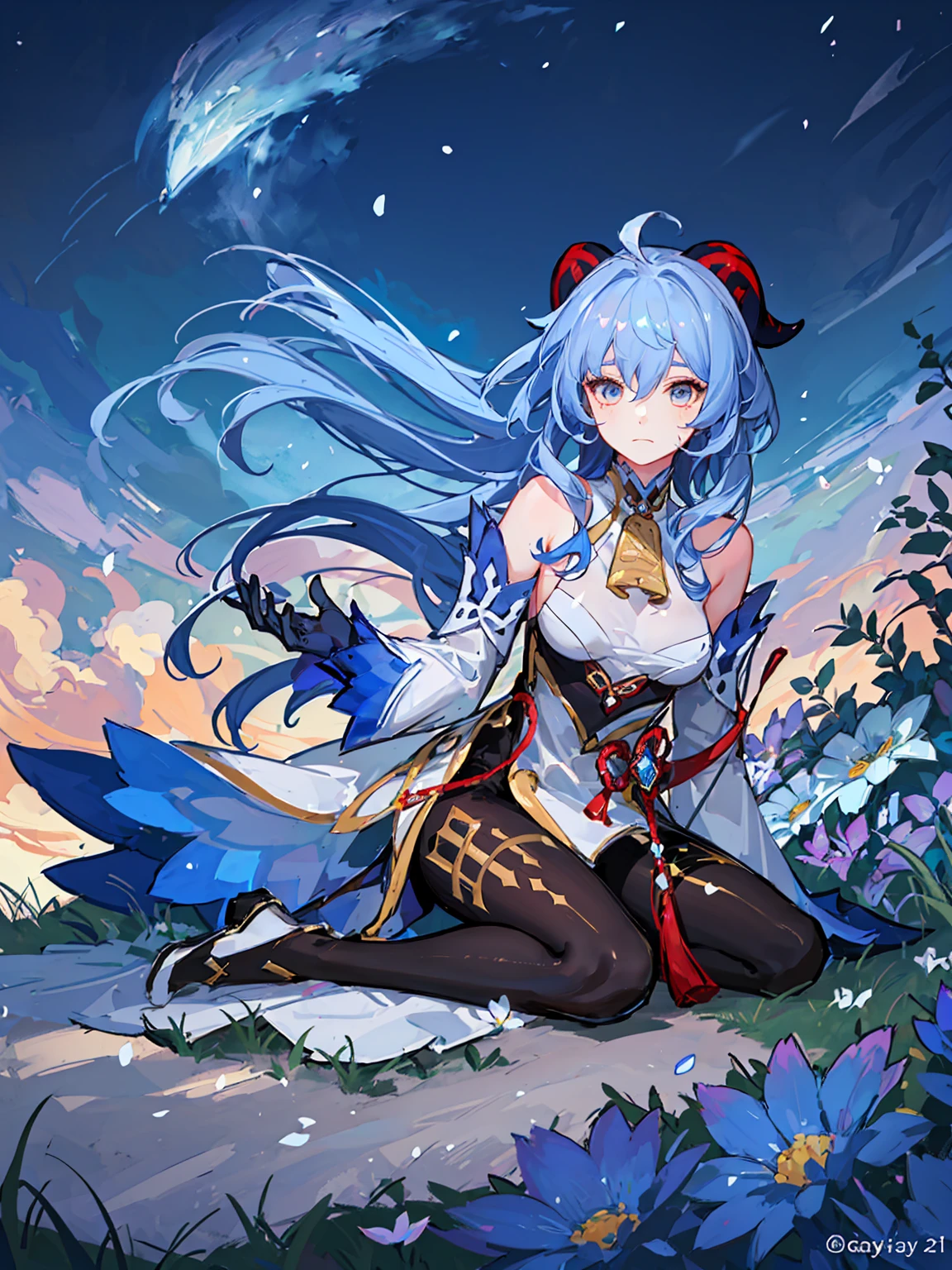 1girl, blue hair, (Ganyu from Genshin Impact), looking at viewer with sad expression, her blue hair blowing in the wind, sitting in the meadow, flower gardens, sky blue, dress, long dress, shiny, fantasy, (extremely detailed), pretty face, beautiful, endearing, fantasy drawings, dressed like a noblewoman, young lady